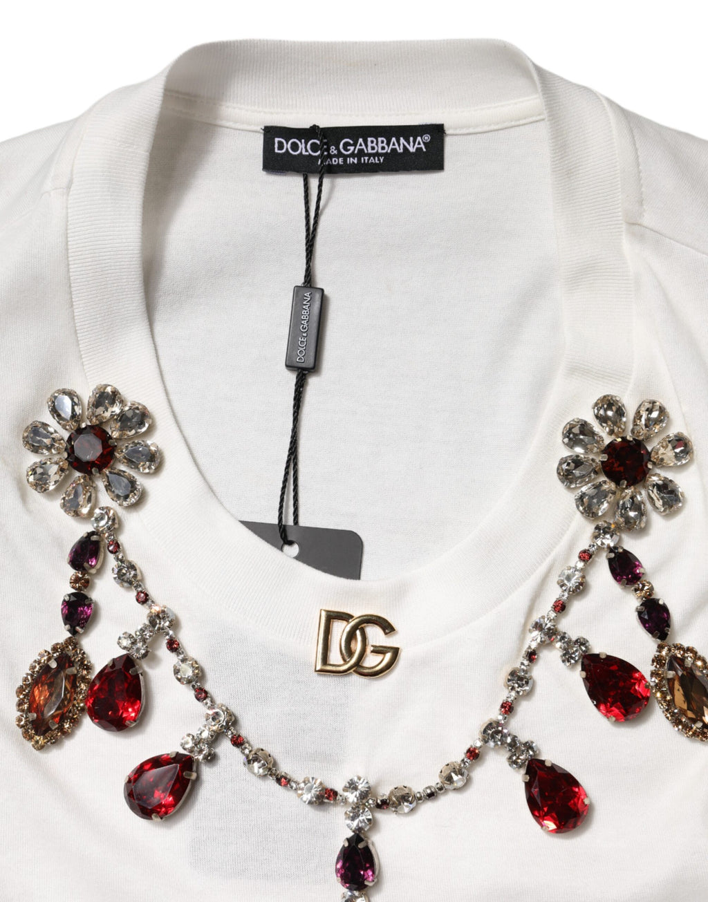 Dolce & Gabbana Weißes Baumwoll-Top mit Logo-Kristallverzierung