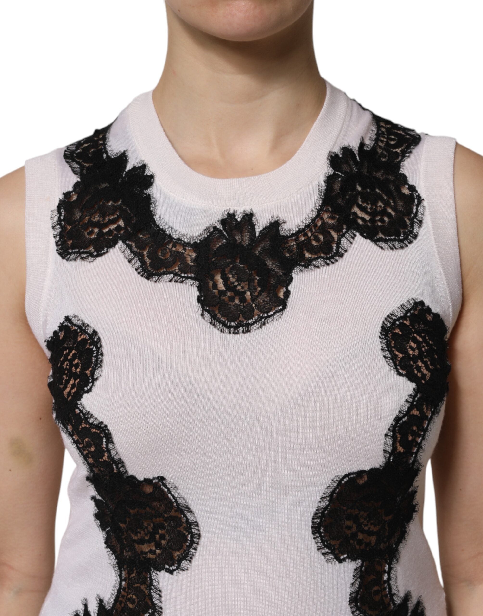 Dolce & Gabbana Weißes Kaschmir-Tanktop mit floraler Spitze