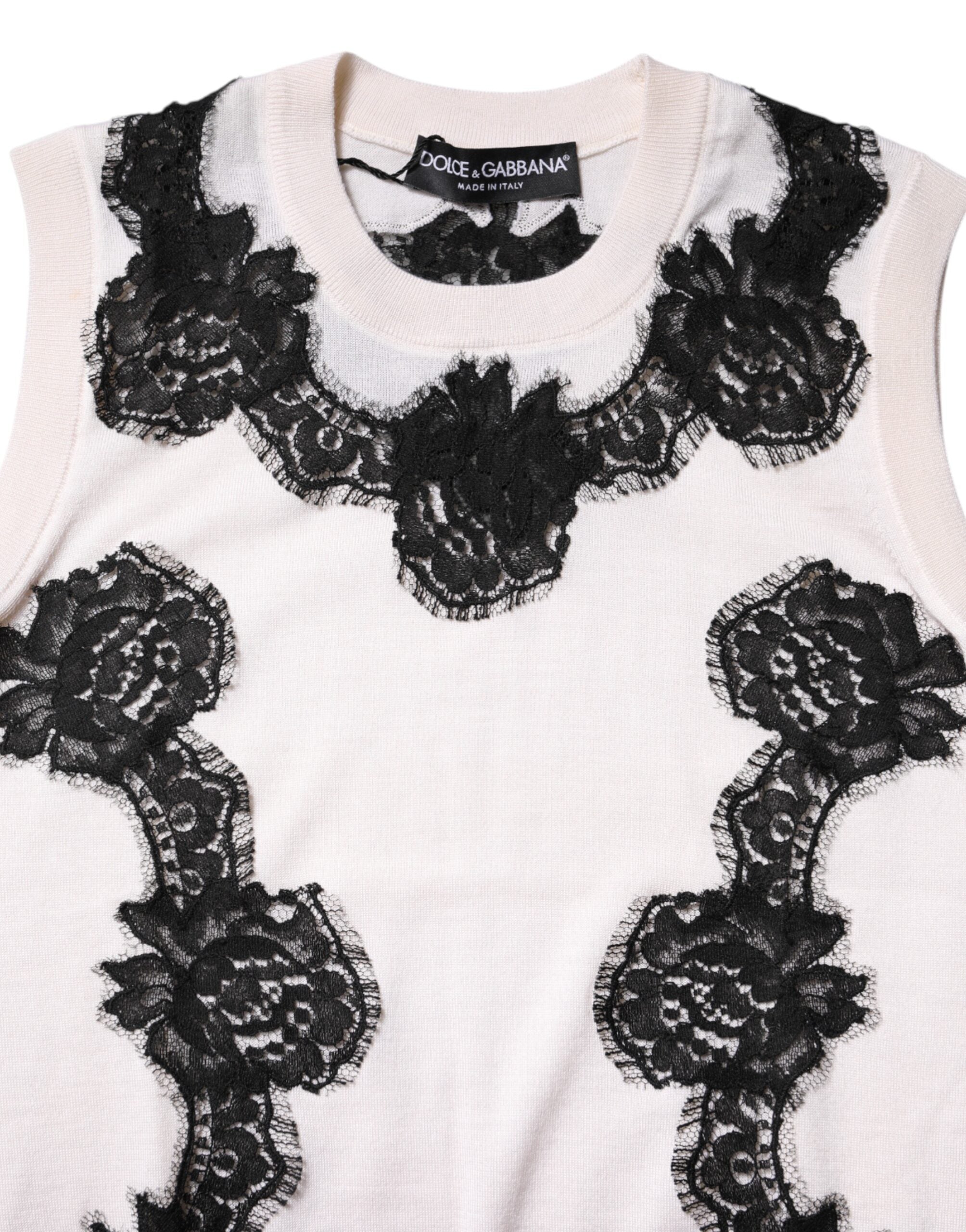 Dolce & Gabbana Weißes Kaschmir-Tanktop mit floraler Spitze