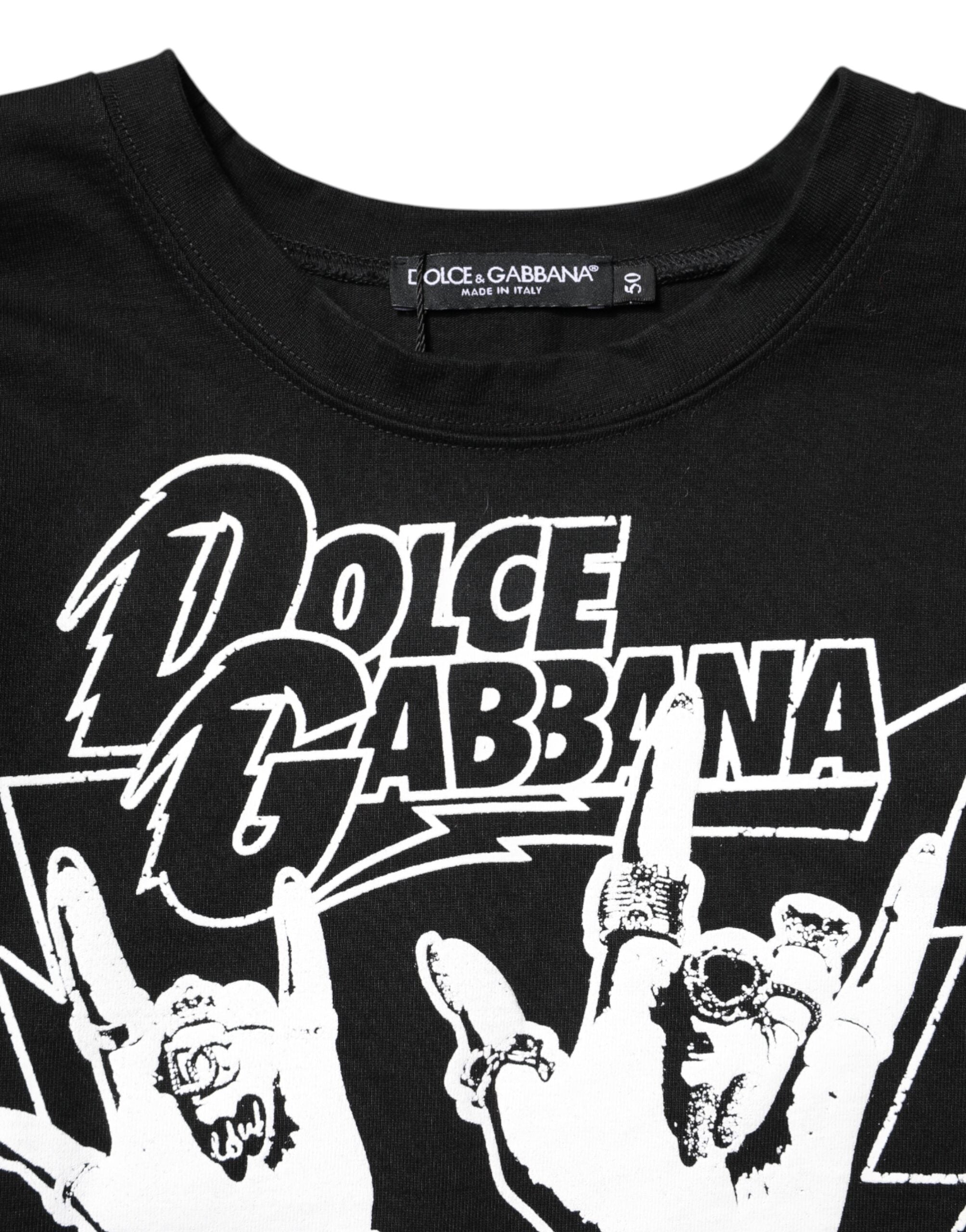Dolce & Gabbana Schwarzes T-Shirt mit bedruckten kurzen Ärmeln aus Baumwolle