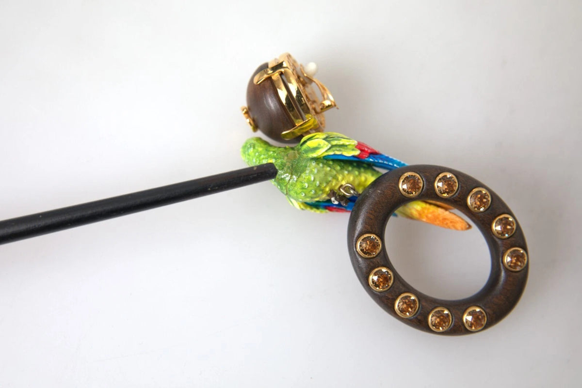 Dolce & Gabbana Multicolor Parrot Wood Brass Crystal Embellished Earrings