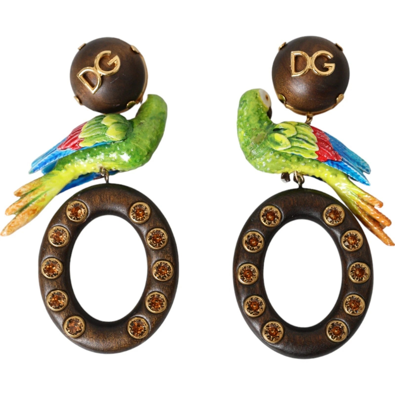 Dolce & Gabbana Multicolor Papagei Holz Messing Kristall verschönert Ohrringe