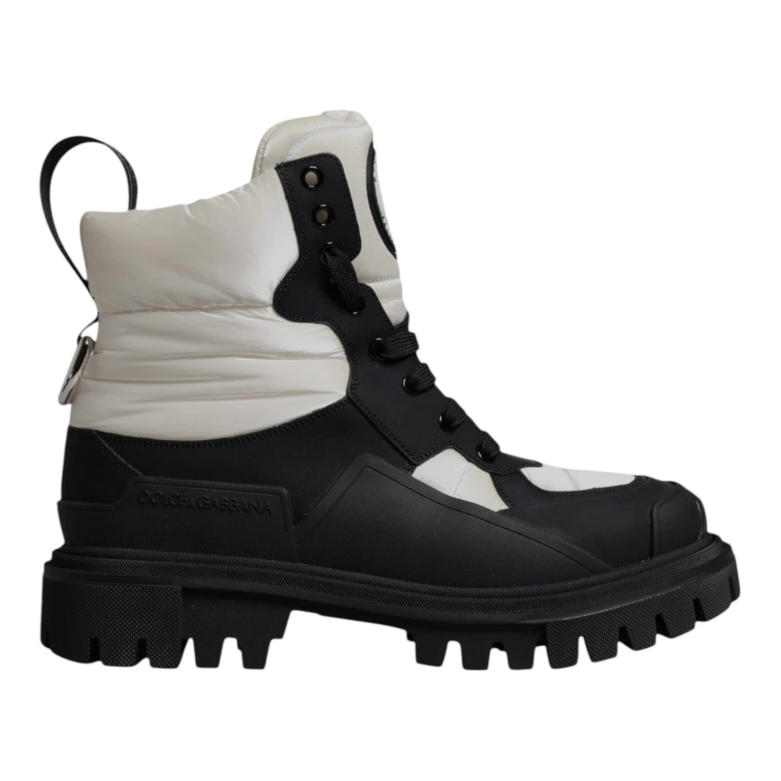 Dolce & Gabbana Schwarz Weiß Gepolsterte Mid Calf Lace Up Stiefel Schuhe