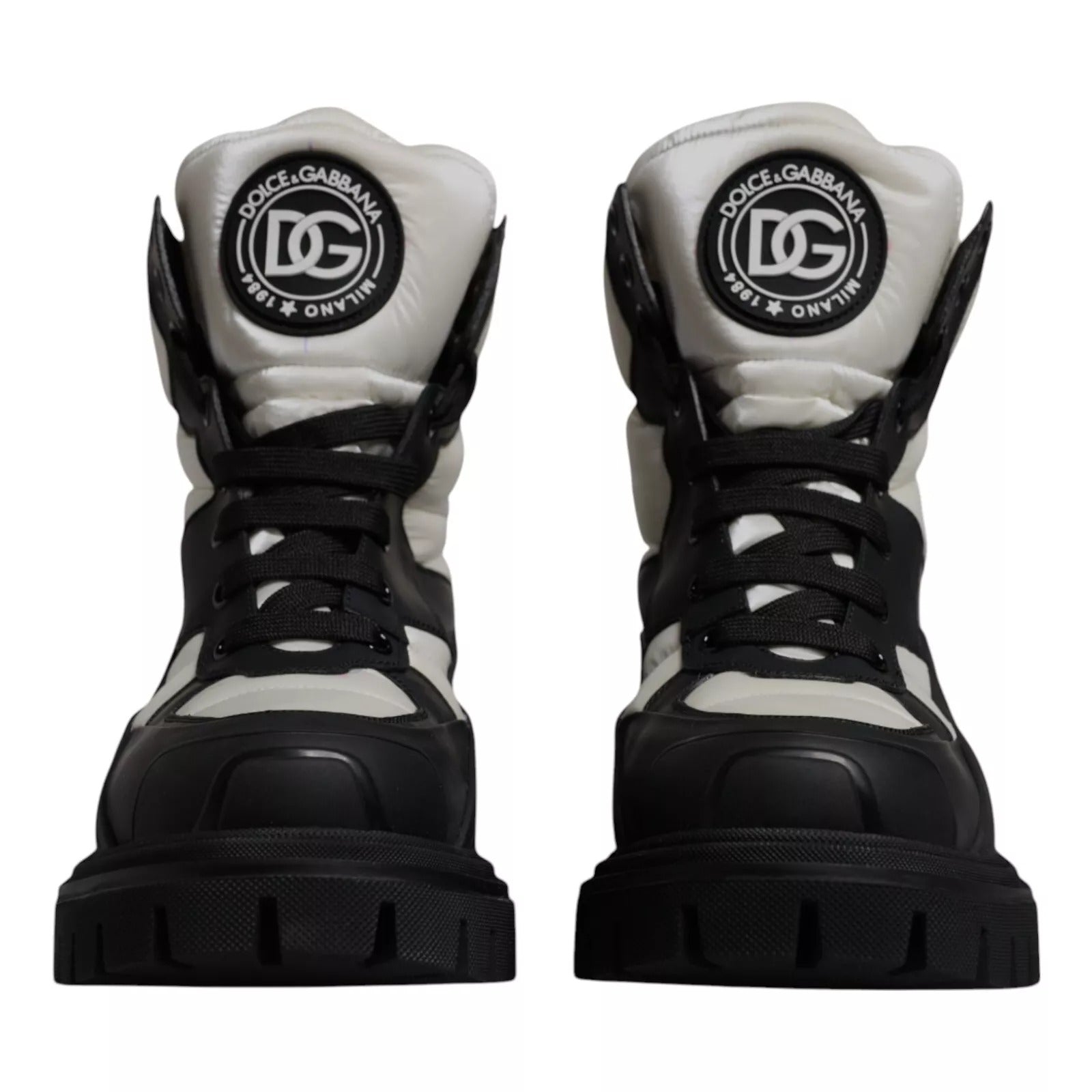 Dolce & Gabbana Schwarz Weiß Gepolsterte Mid Calf Lace Up Stiefel Schuhe