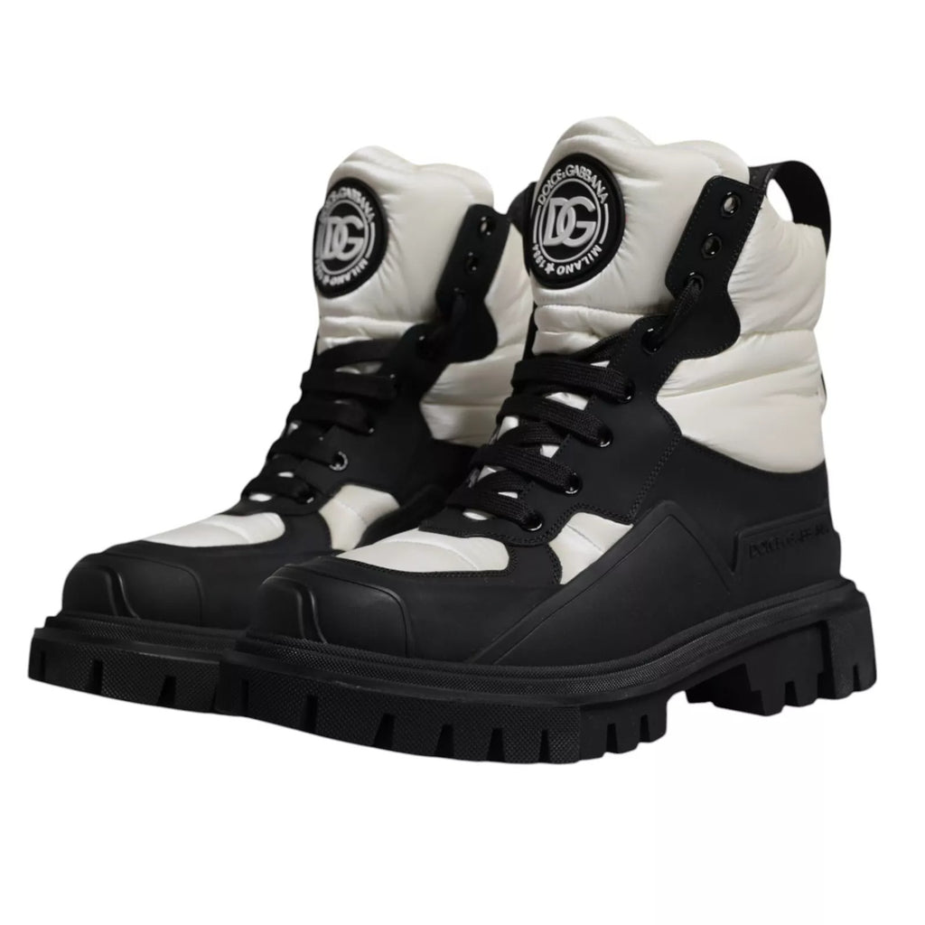 Dolce & Gabbana Schwarz Weiß Gepolsterte Mid Calf Lace Up Stiefel Schuhe