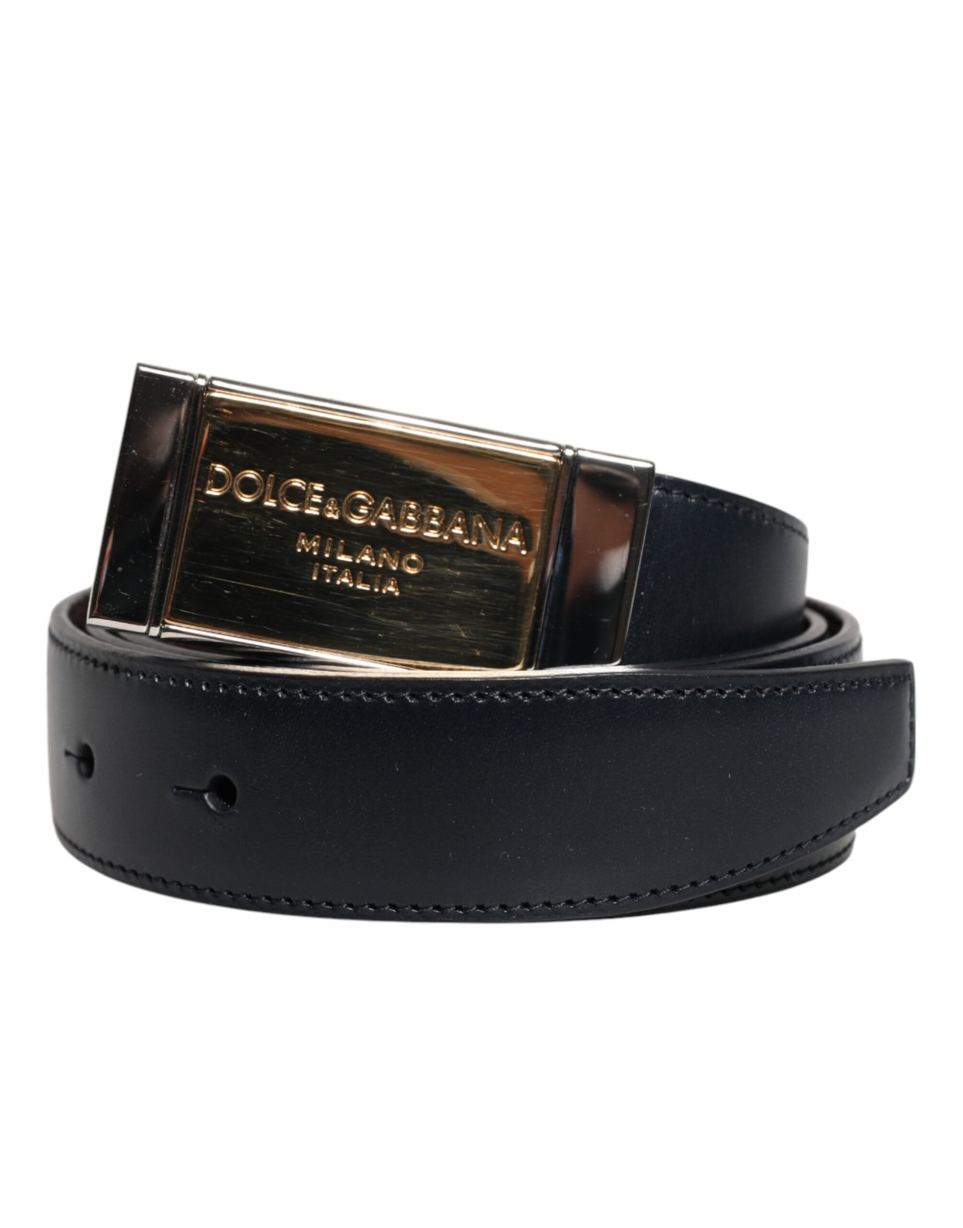 Dolce & Gabbana Schwarzblauer Ledergürtel mit goldener Schnalle Reversible Belt