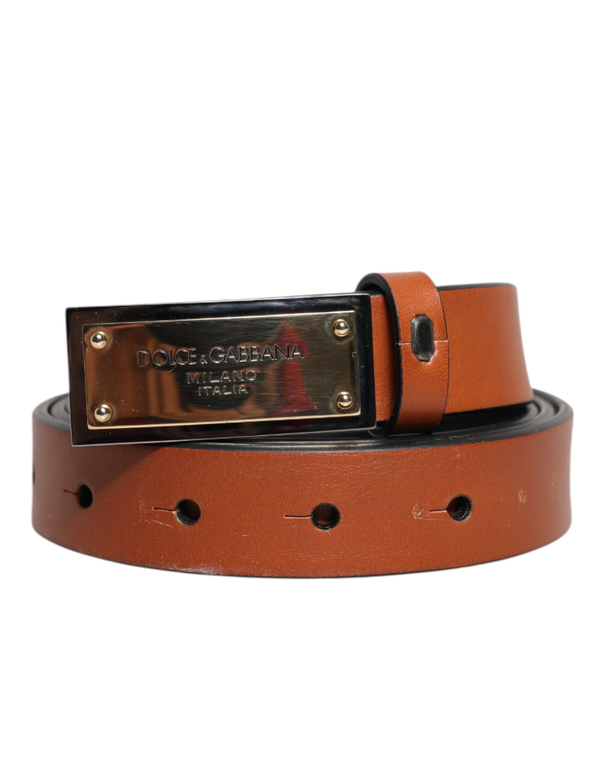 Dolce & Gabbana Brauner Leder-Gold-Rechteck-Gürtel mit Schnalle