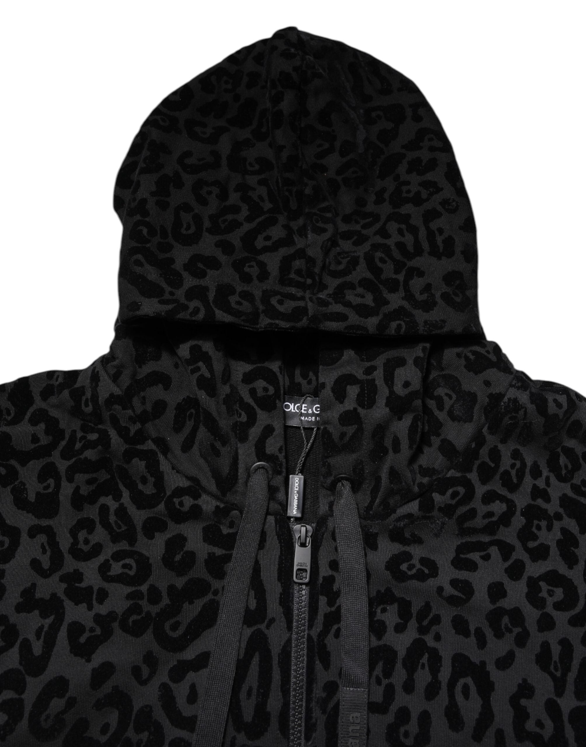 Dolce & Gabbana Schwarzes Leoparden Sweatshirt mit Kapuze und Reißverschluss Pullover