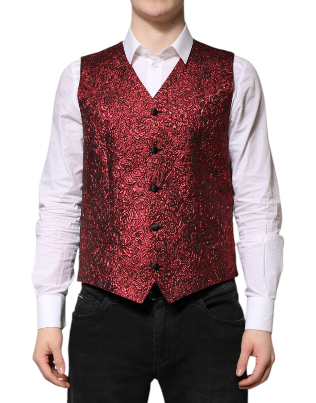 Dolce & Gabbana Rood Bloemen Brokaat Formeel Gilet voor Heren