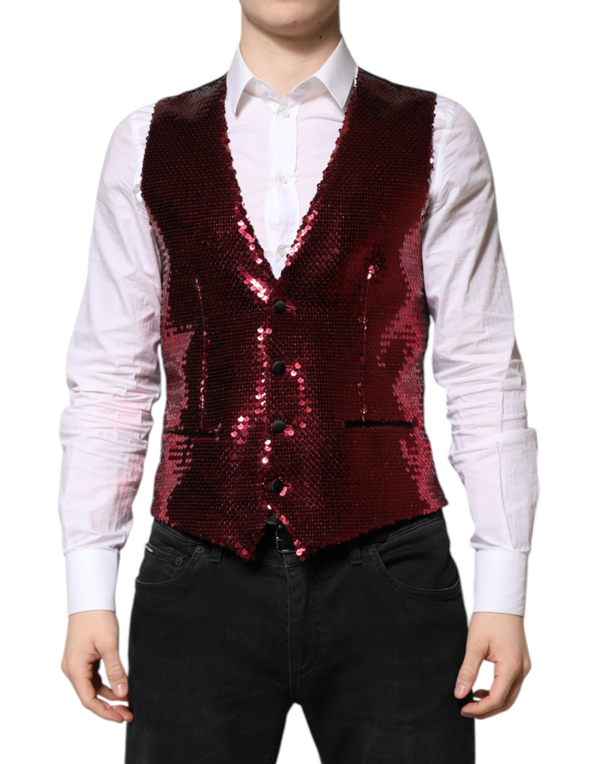 Dolce & Gabbana Rode Paillettenjurk Formeel Heren Gilet Vest