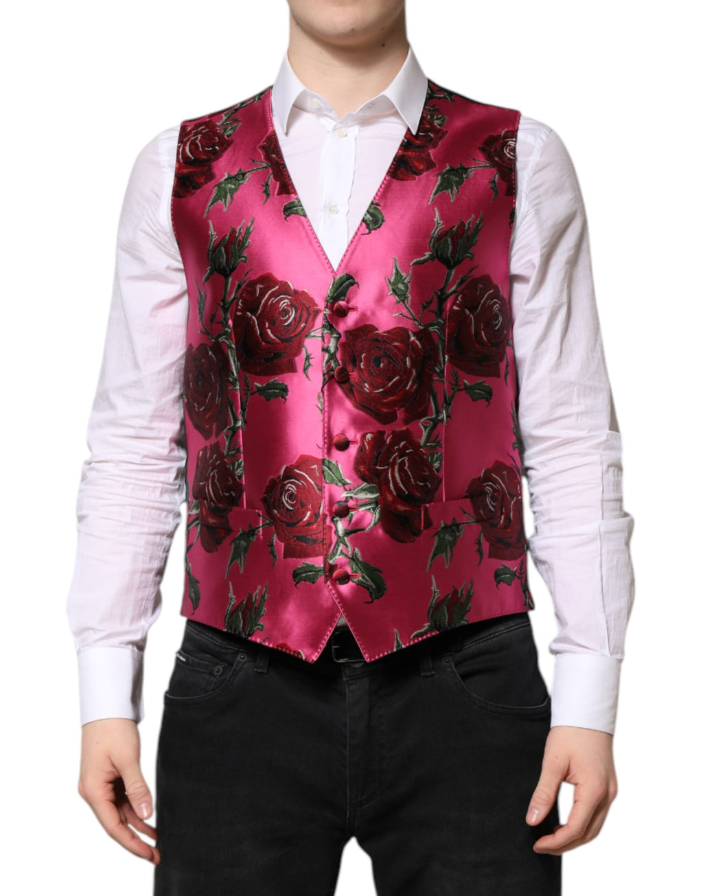 Dolce & Gabbana Roze Gebloemde Satijnen Formele Heren Gilet