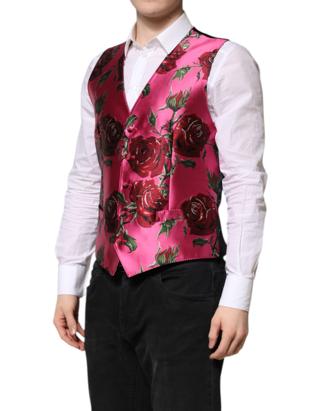 Dolce & Gabbana Roze Gebloemde Satijnen Formele Heren Gilet