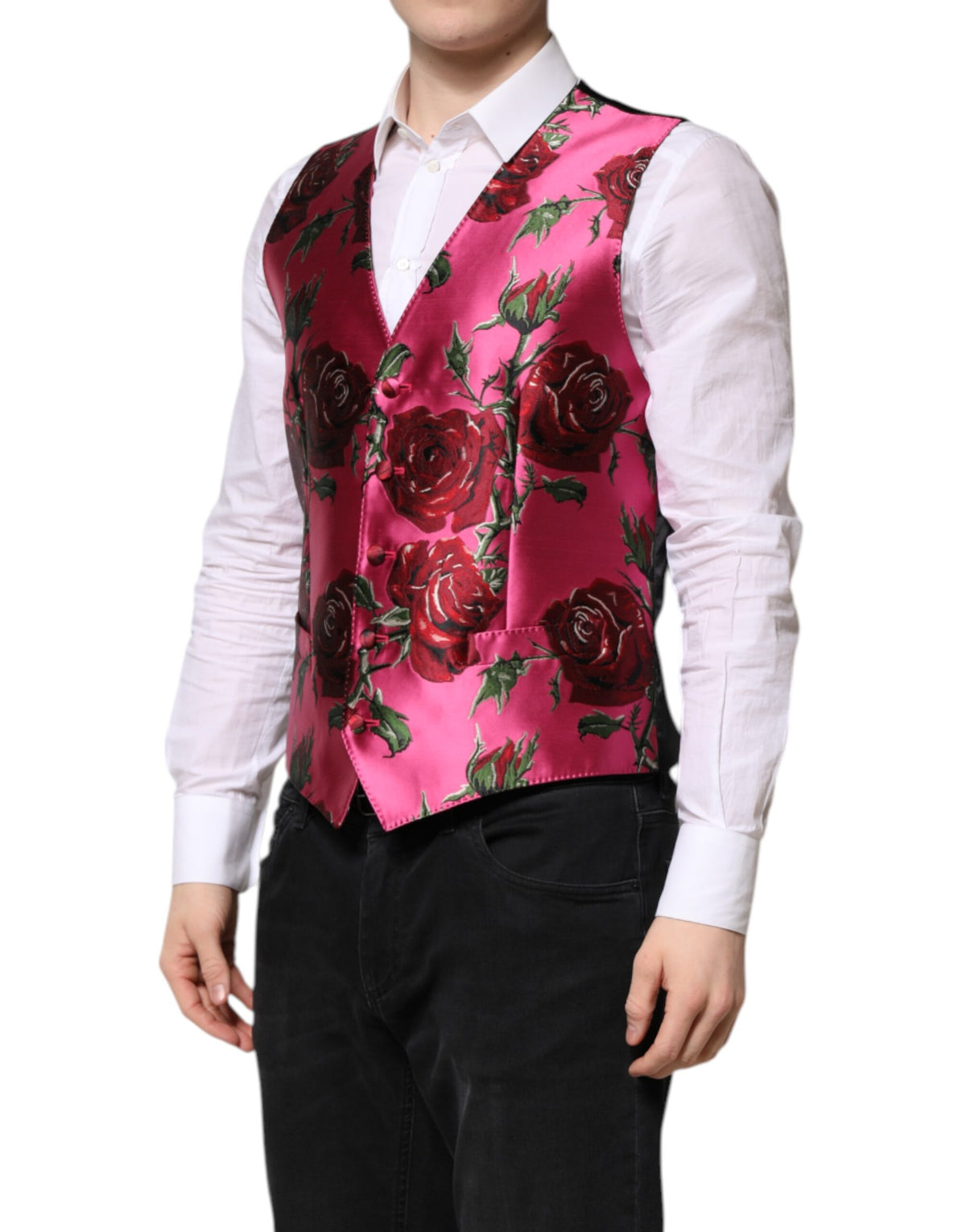 Dolce & Gabbana Roze Gebloemde Satijnen Formele Heren Gilet