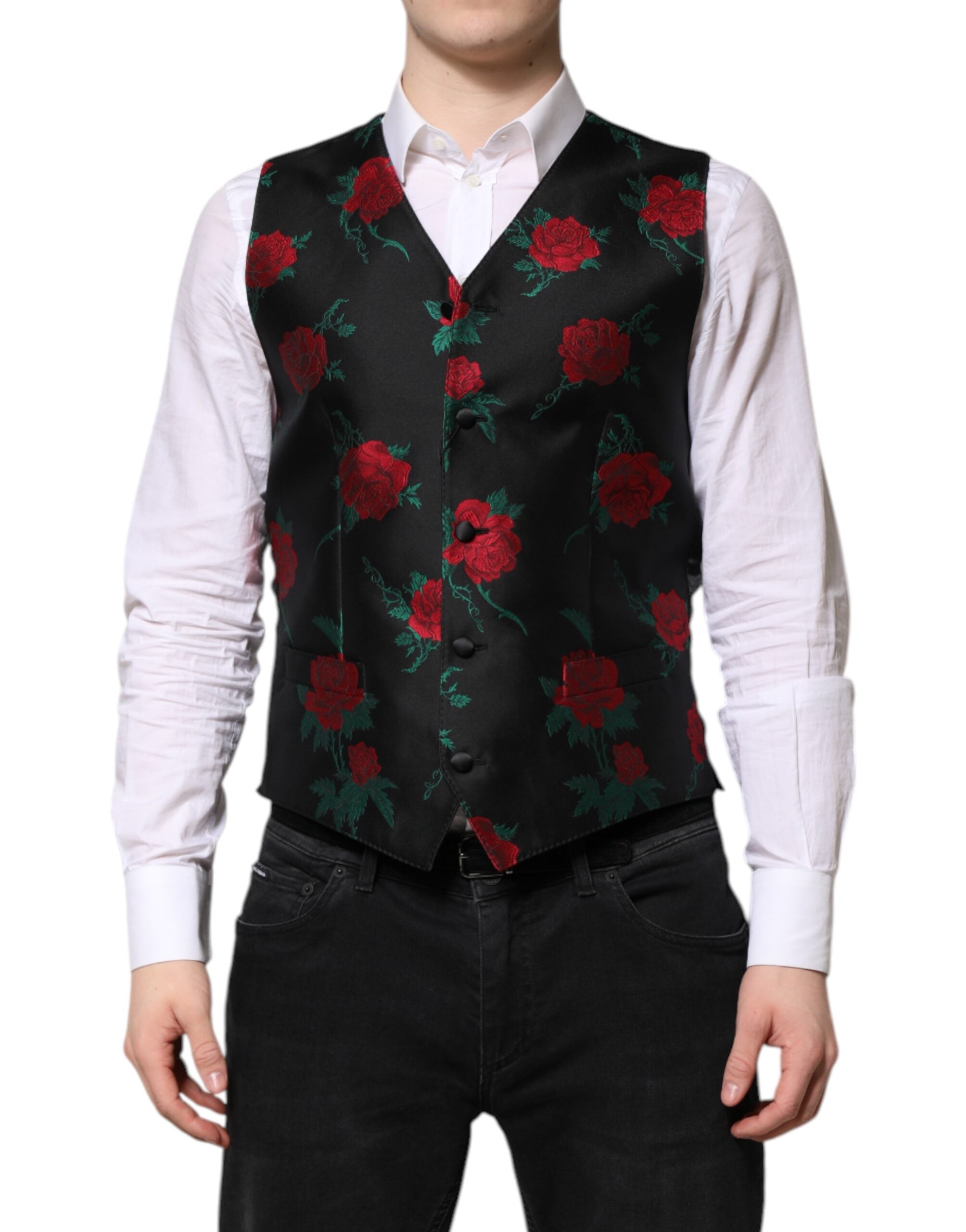 Dolce & Gabbana Rote Blumen Brokat Formal Männer Weste Weste