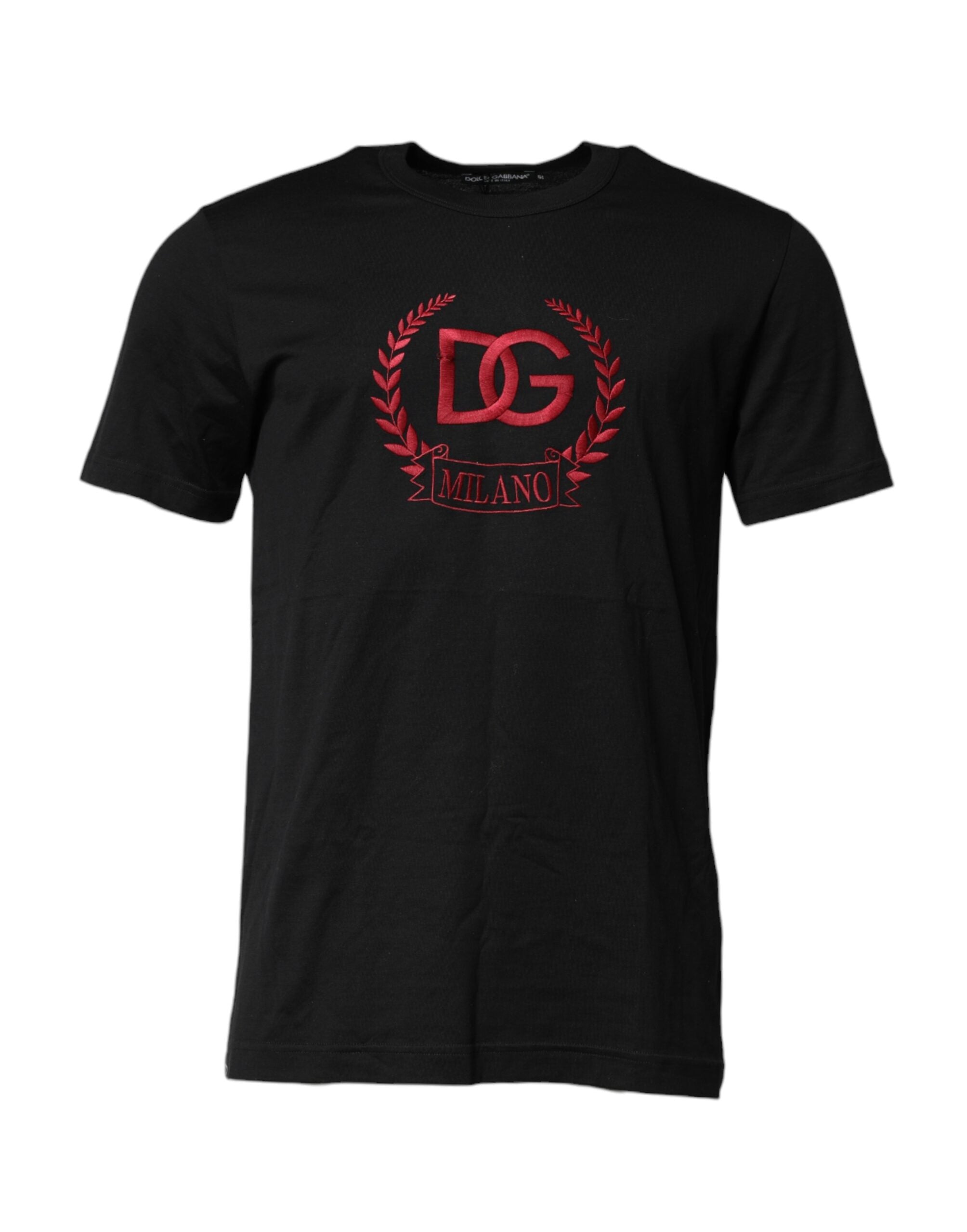 Dolce & Gabbana Schwarzes T-Shirt mit Rundhalsausschnitt aus bestickter Baumwolle