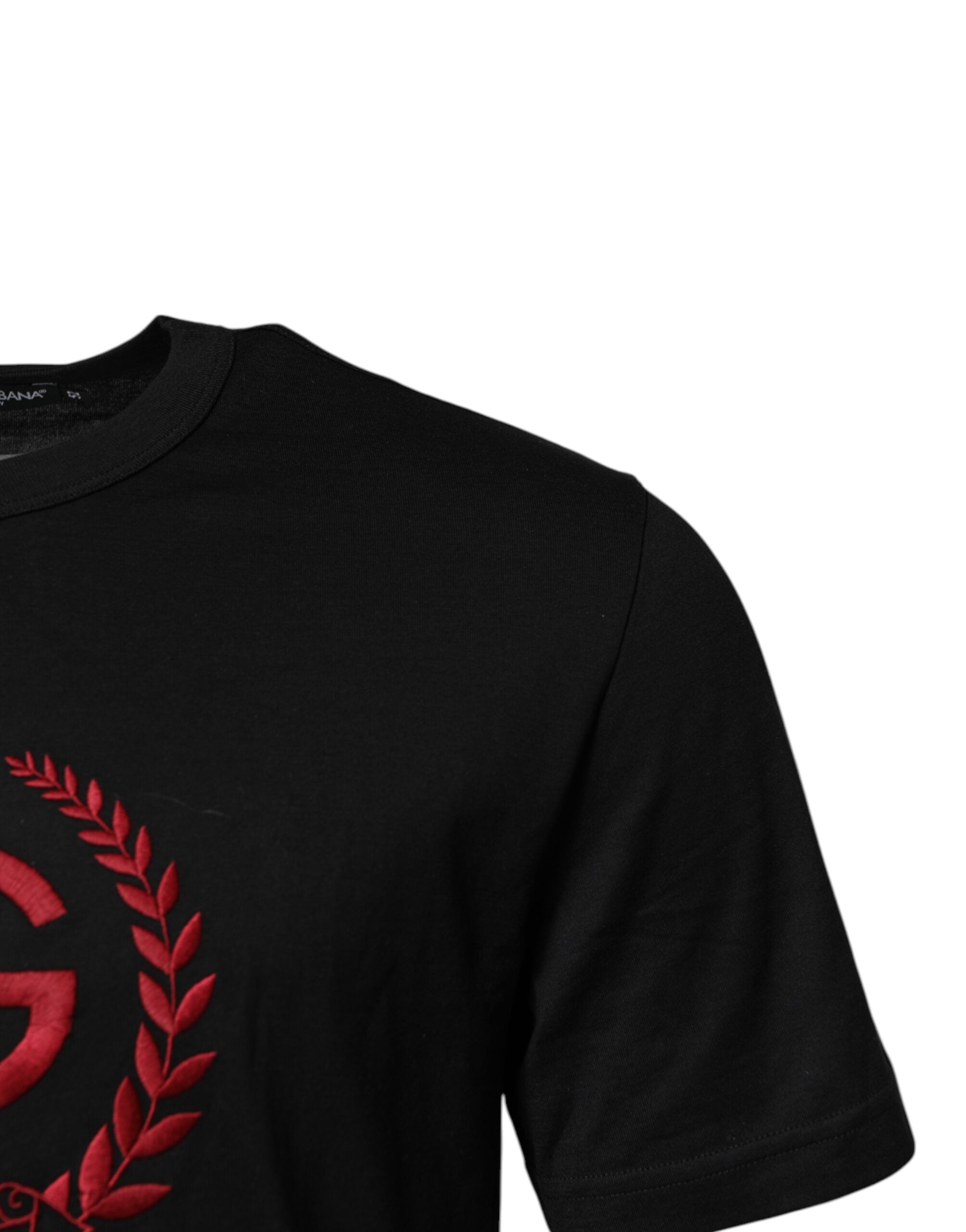 Dolce & Gabbana Schwarzes T-Shirt mit Rundhalsausschnitt aus bestickter Baumwolle