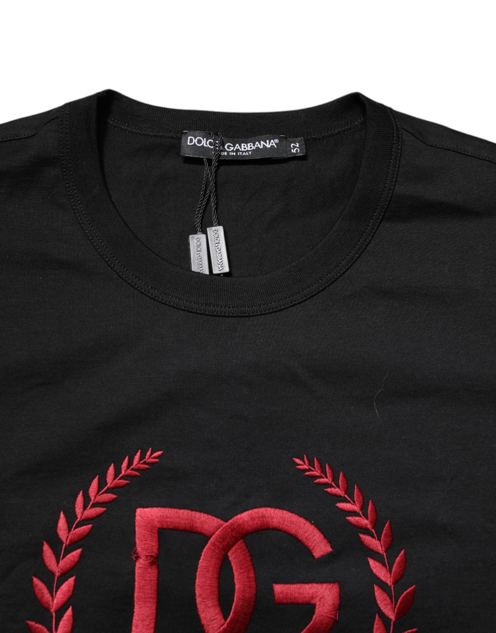 Dolce & Gabbana Schwarzes T-Shirt mit Rundhalsausschnitt aus bestickter Baumwolle