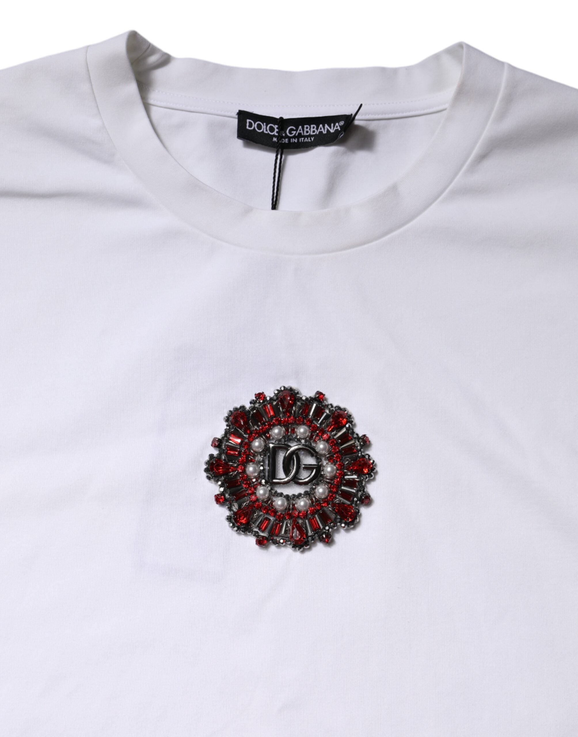 Dolce & Gabbana Weißes T-Shirt mit Logo-Verzierung und kurzen Ärmeln