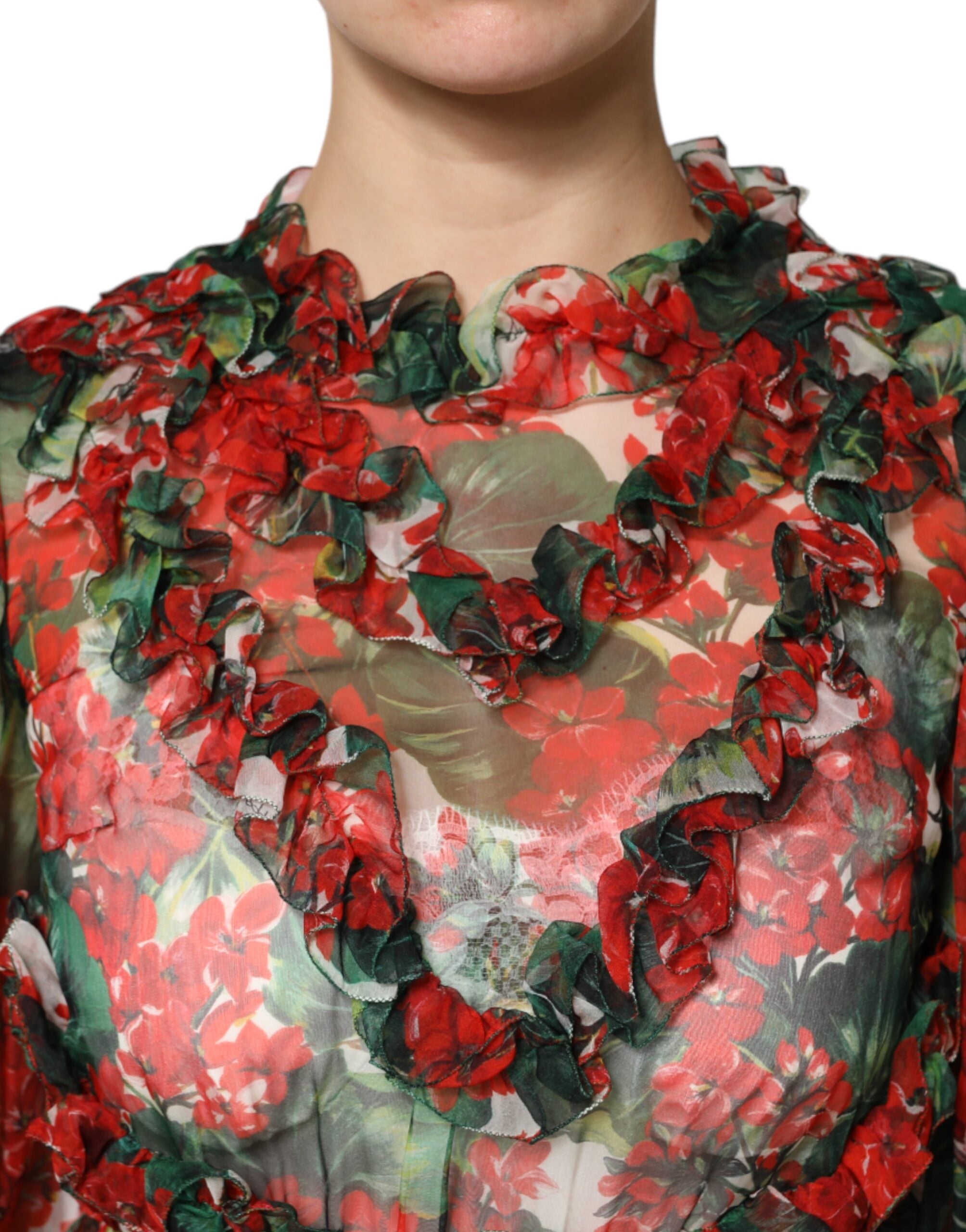 Dolce & Gabbana Multicolor gerafftes Kleid mit langen Ärmeln und Blumen