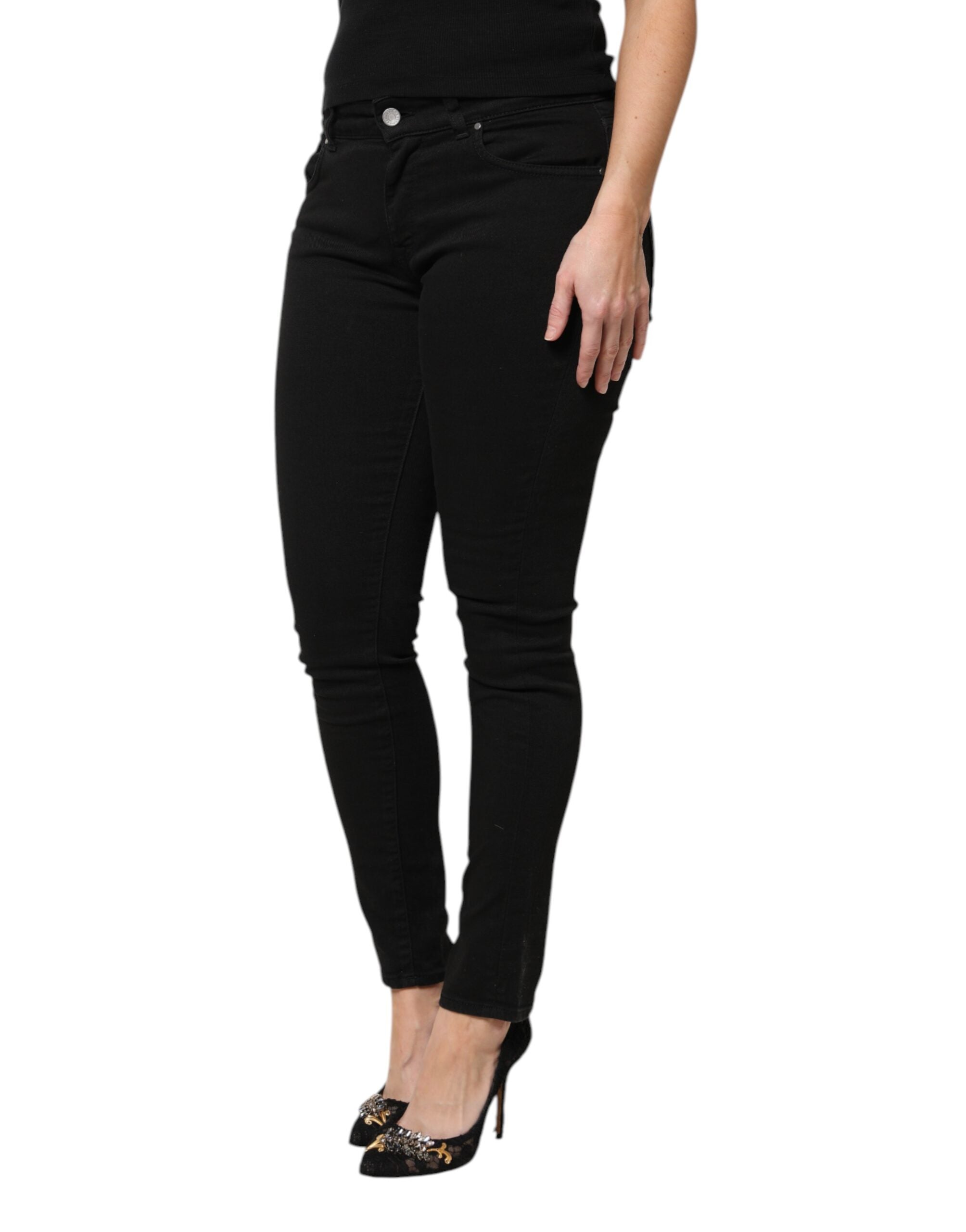 Dolce & Gabbana Schwarze Baumwolle Logo Mid Waist Skinny Denim Jeans