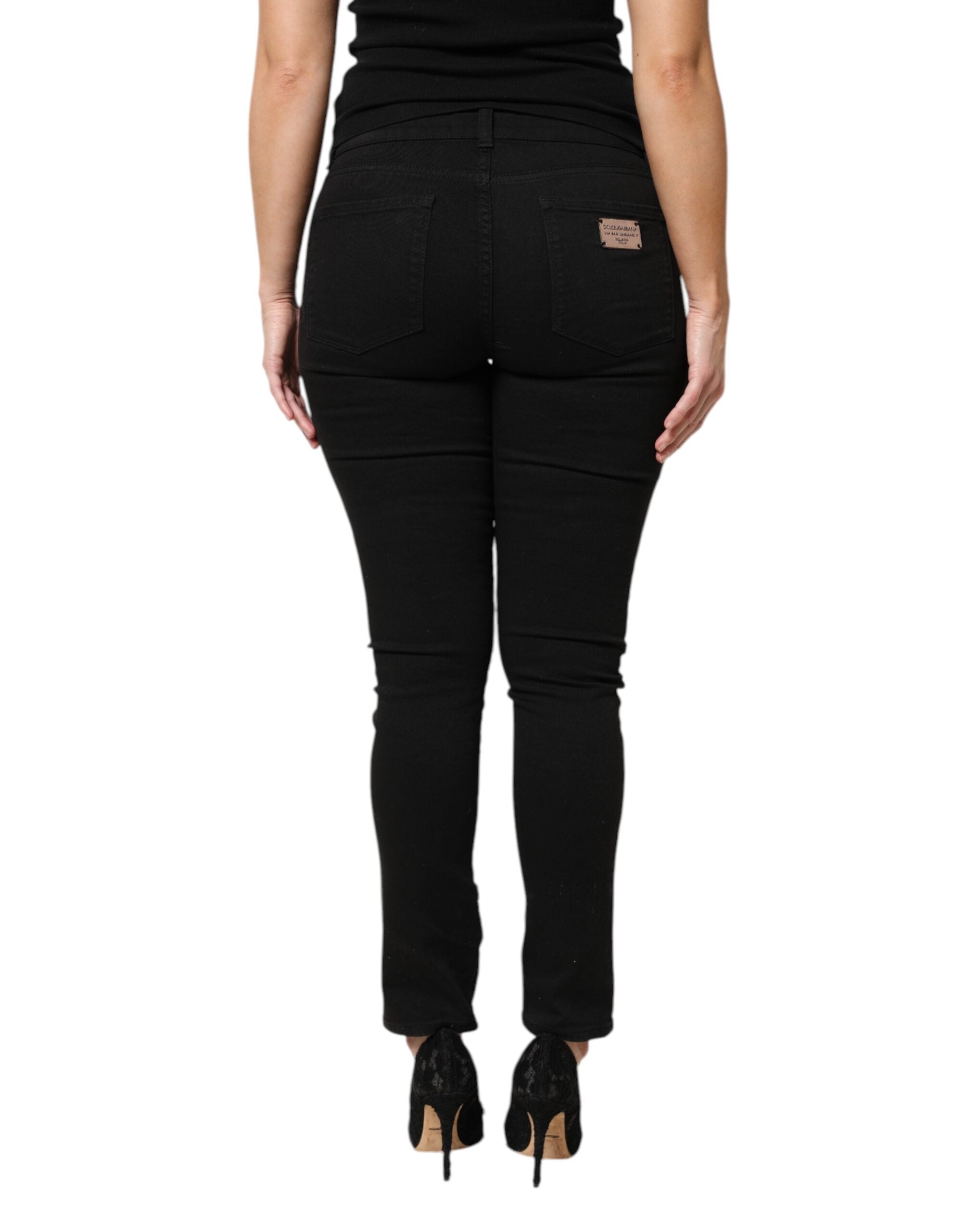 Dolce & Gabbana Schwarze Baumwolle Logo Mid Waist Skinny Denim Jeans