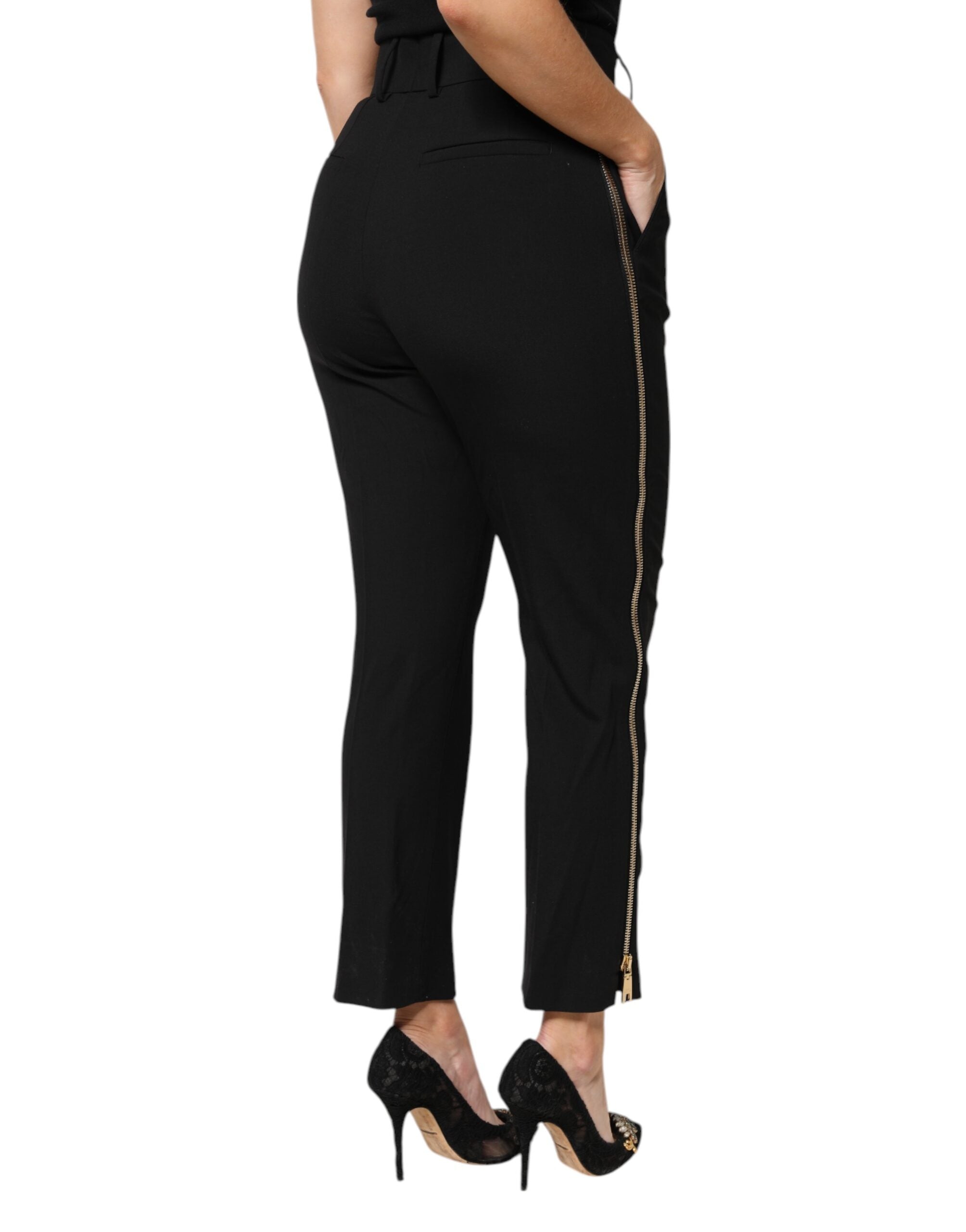 Dolce & Gabbana Schwarze Wollhose mit hoher Taille und Reißverschluss