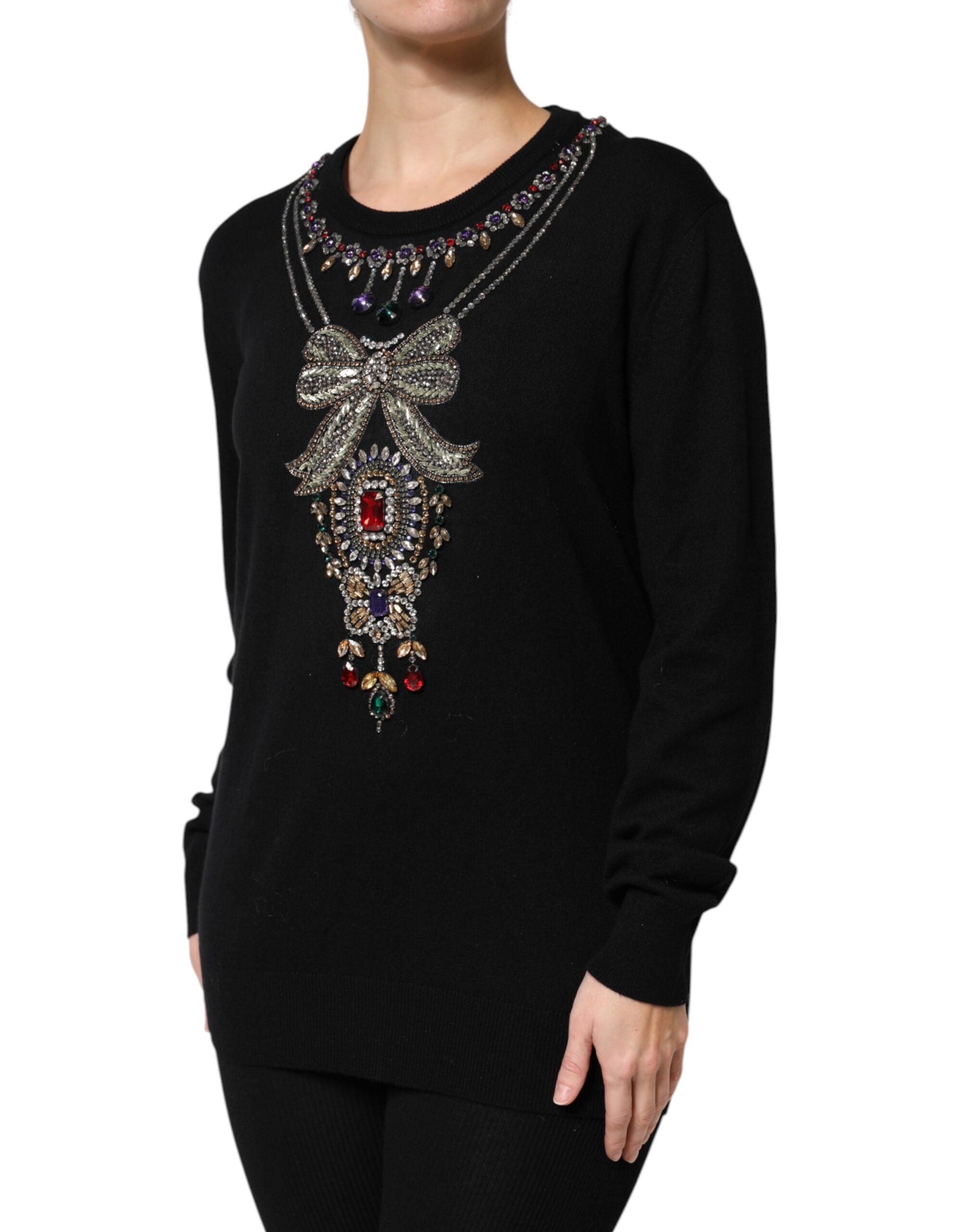 Dolce & Gabbana Schwarzer Pullover aus Kaschmir mit Kristallverzierung
