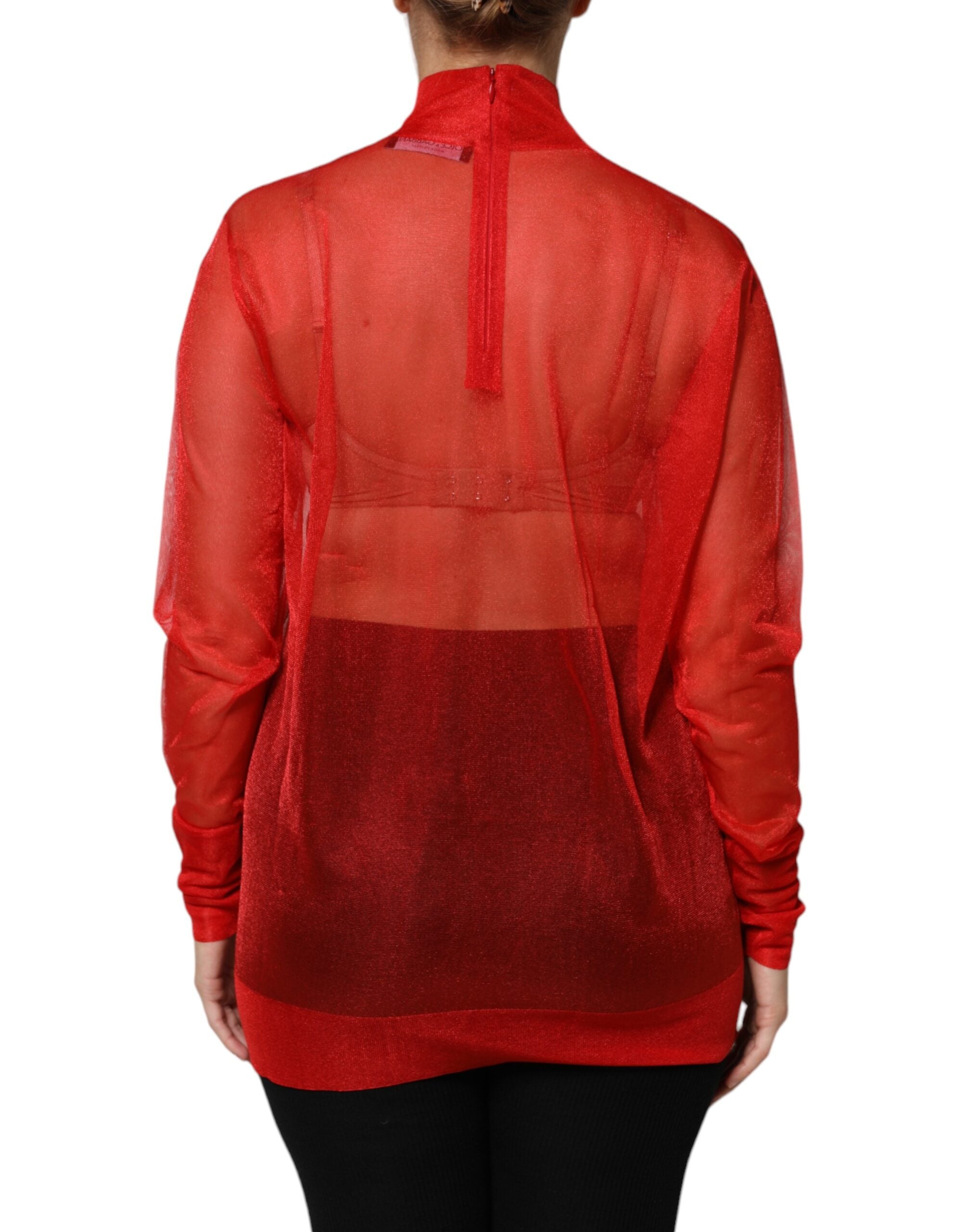 Dolce & Gabbana Rotes Tüll-Rollkragen-Blusentop mit langen Ärmeln