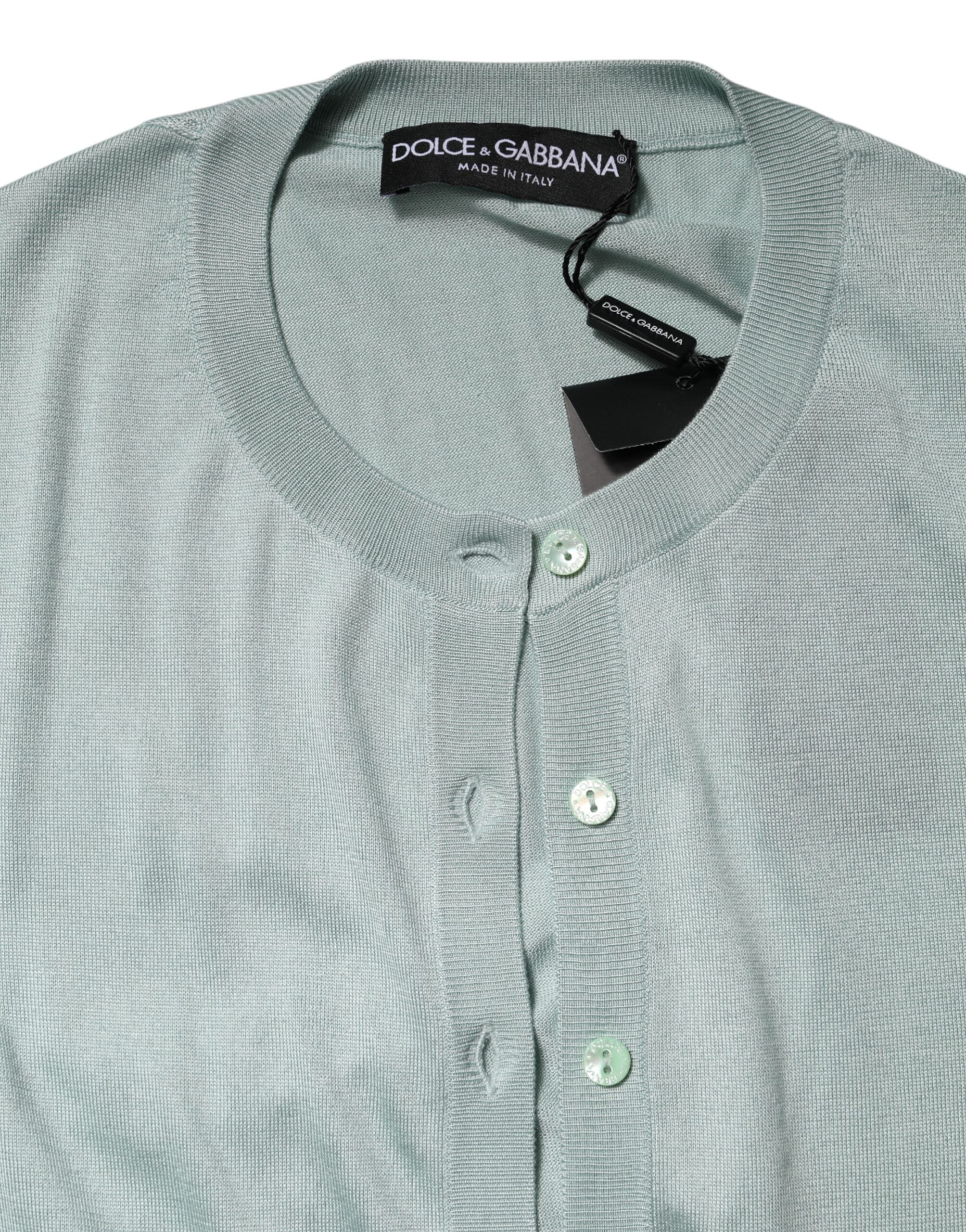 Dolce & Gabbana Hellgrüne Strickjacke aus Seide mit Knopfleiste