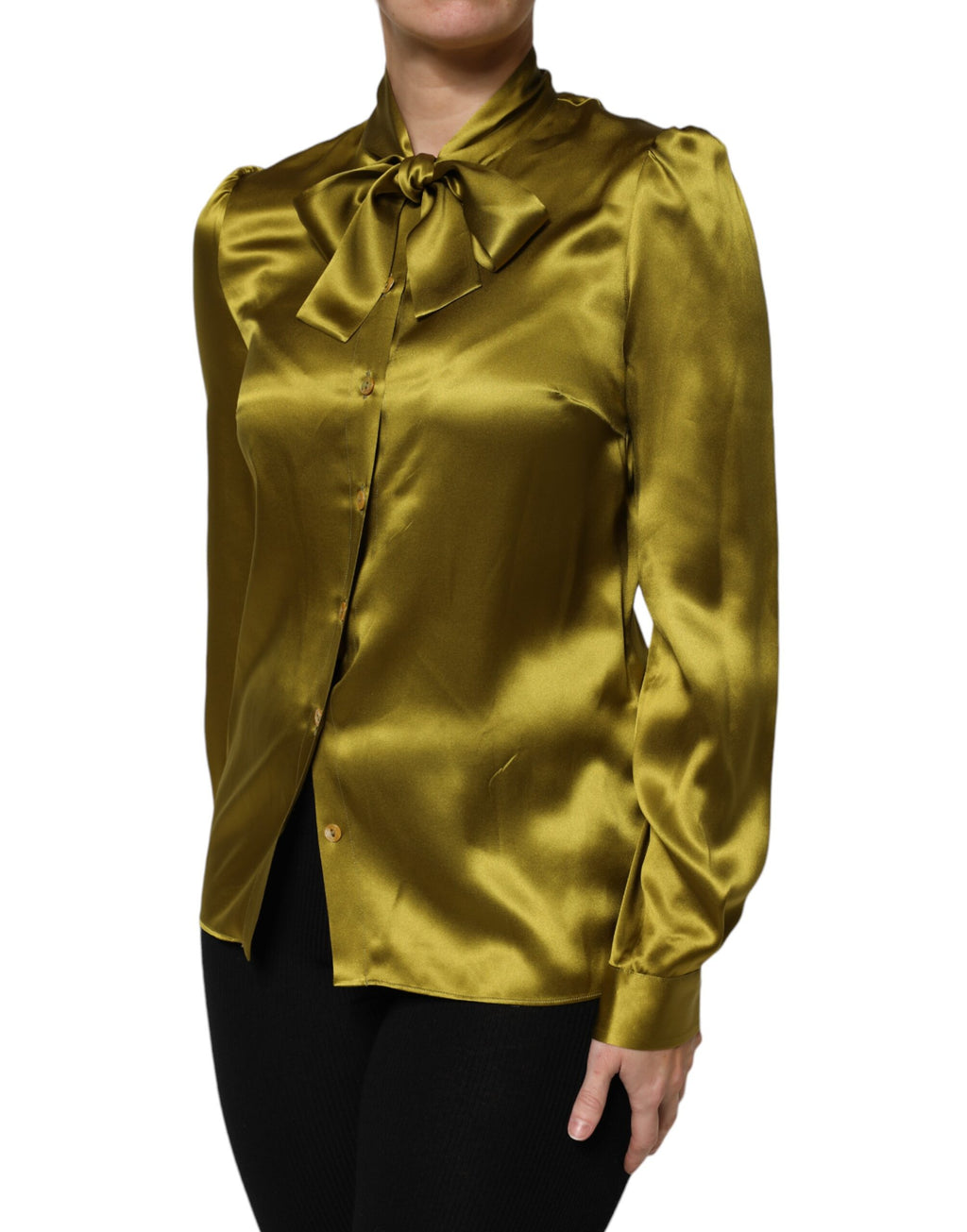 Dolce & Gabbana Grüner Ascot-Kragen Langarm-Bluse Top