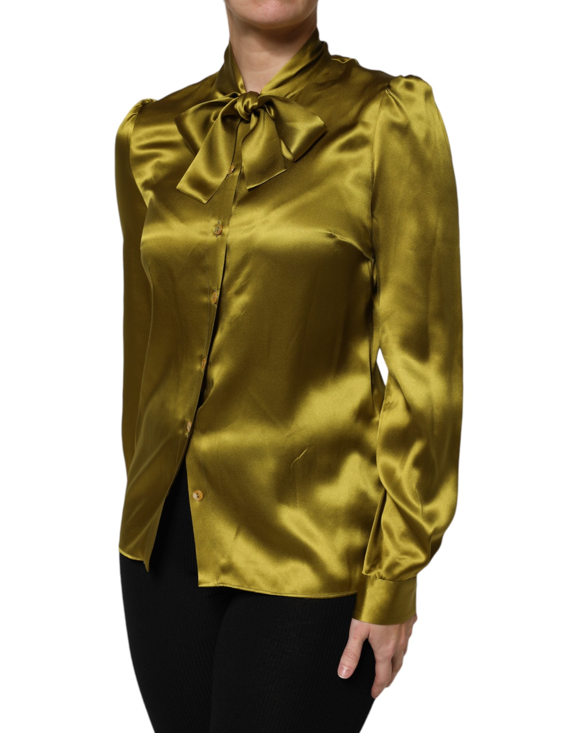 Dolce & Gabbana Grüner Ascot-Kragen Langarm-Bluse Top