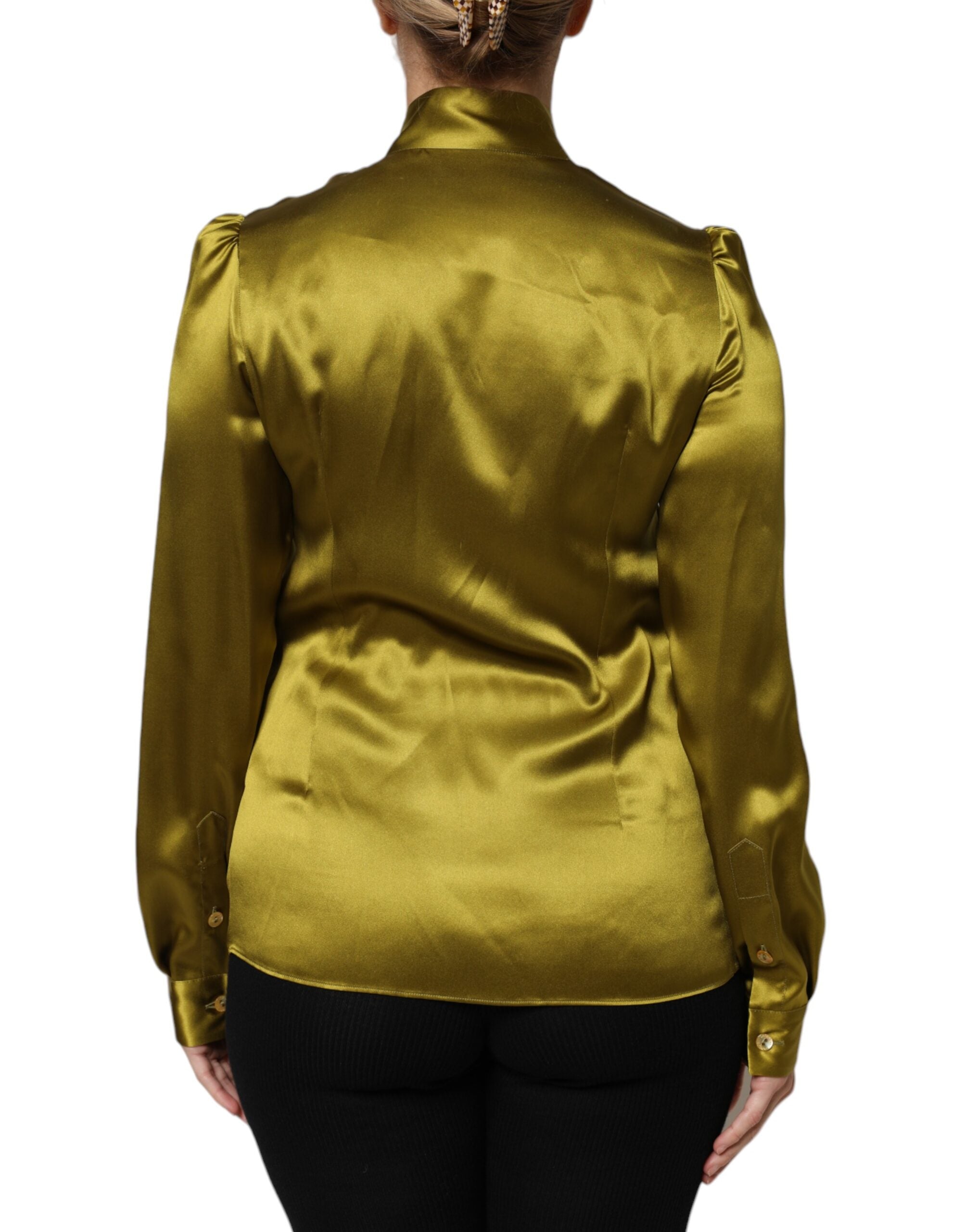 Dolce & Gabbana Grüner Ascot-Kragen Langarm-Bluse Top