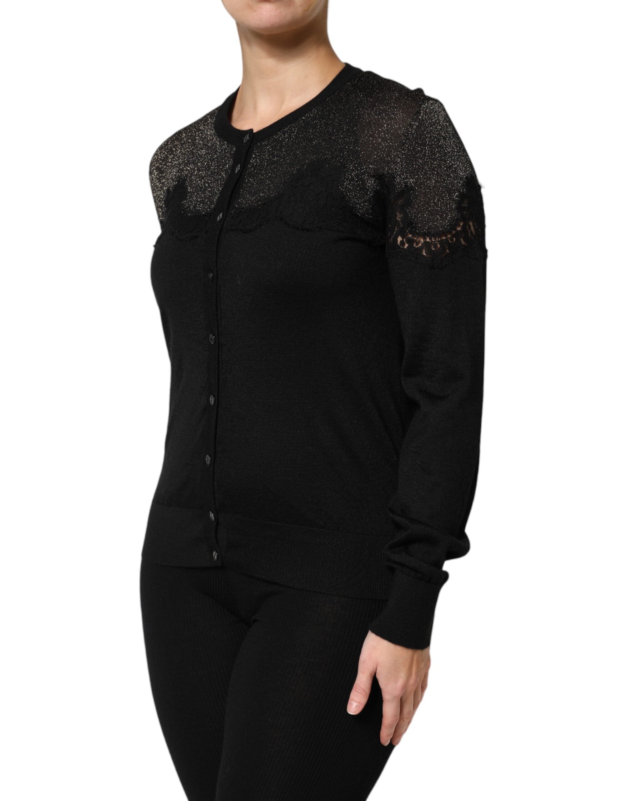 Dolce & Gabbana Schwarzer Strickpullover aus Viskose mit Spitze und Knöpfen
