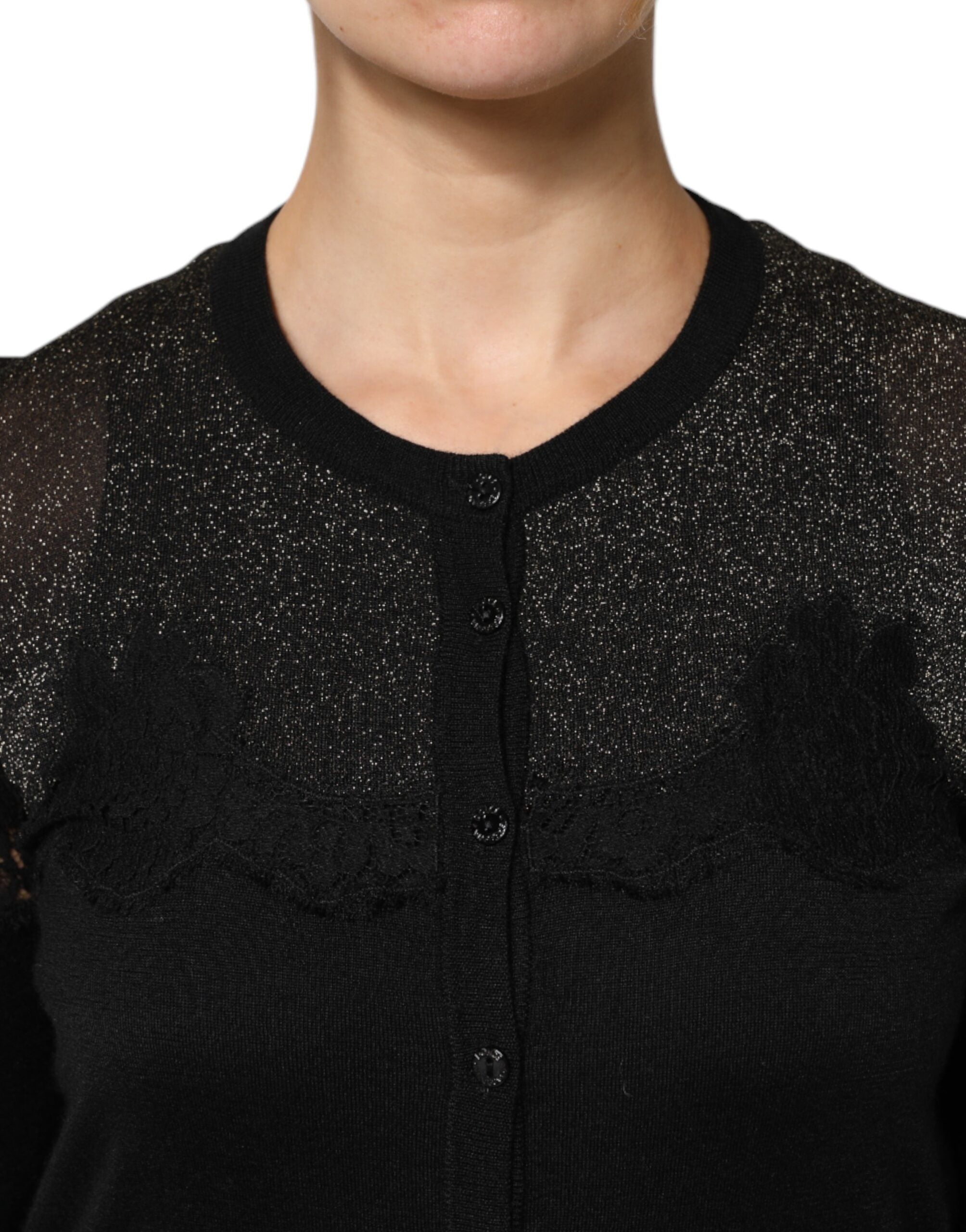 Dolce & Gabbana Schwarzer Strickpullover aus Viskose mit Spitze und Knöpfen