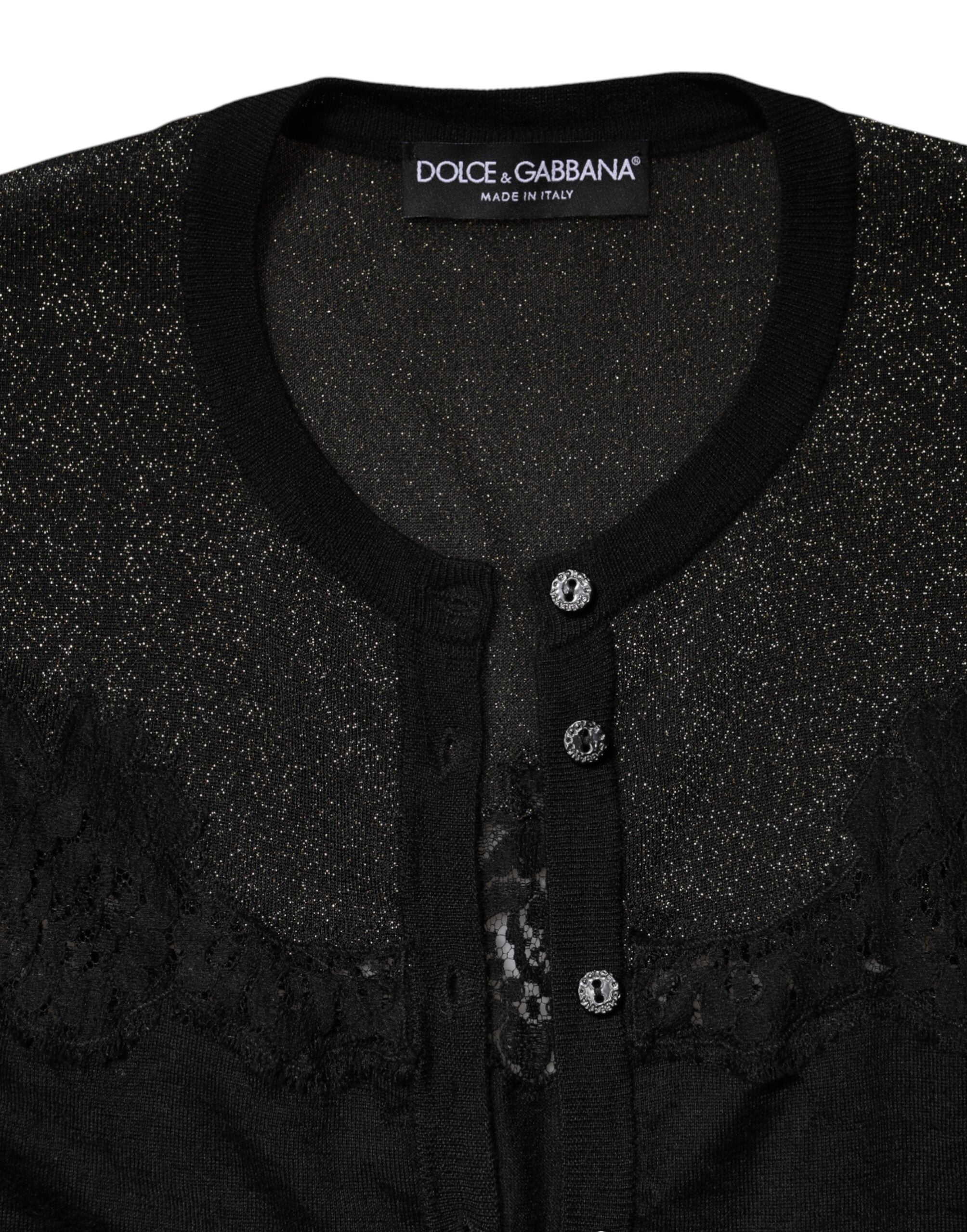 Dolce & Gabbana Schwarzer Strickpullover aus Viskose mit Spitze und Knöpfen