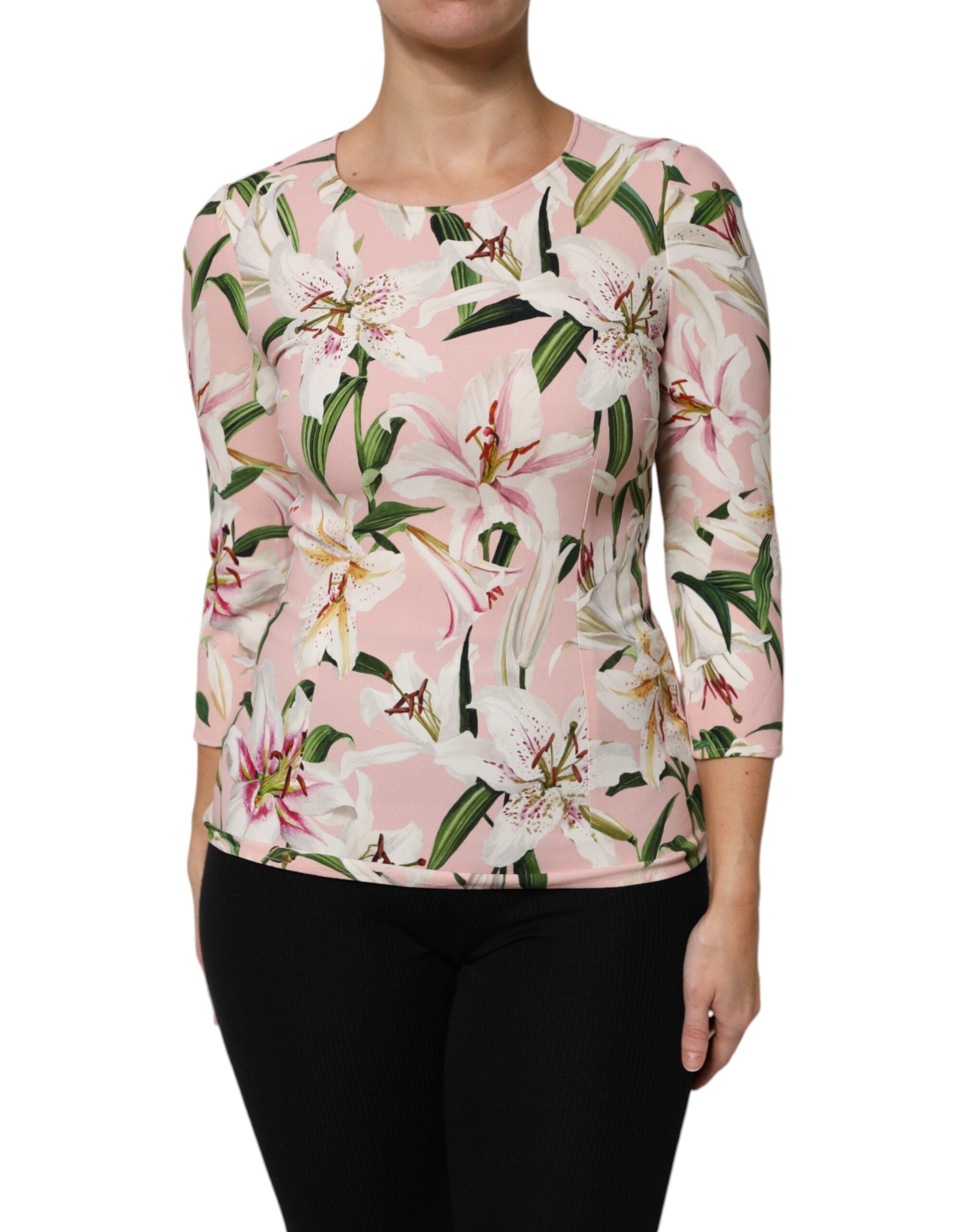 Dolce & Gabbana Rosa Lily Print Viskose Rundhalsausschnitt Bluse Top