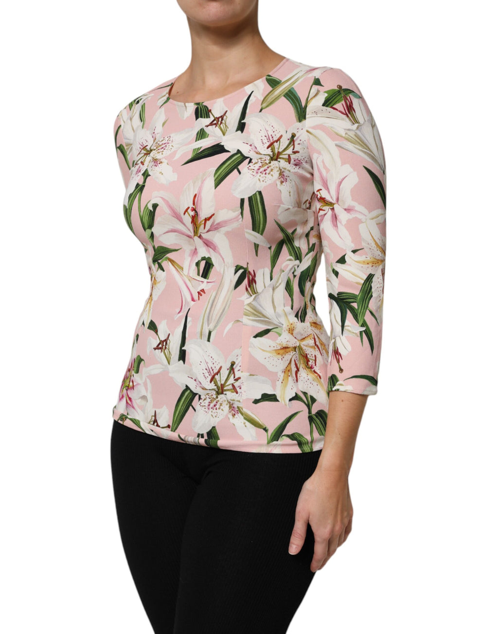 Dolce & Gabbana Rosa Lily Print Viskose Rundhalsausschnitt Bluse Top