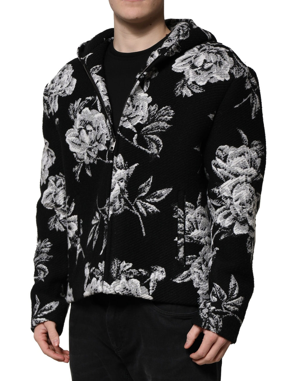 Dolce & Gabbana Schwarze Jacke mit Kapuze aus Wolle und Blumenmuster für Männer