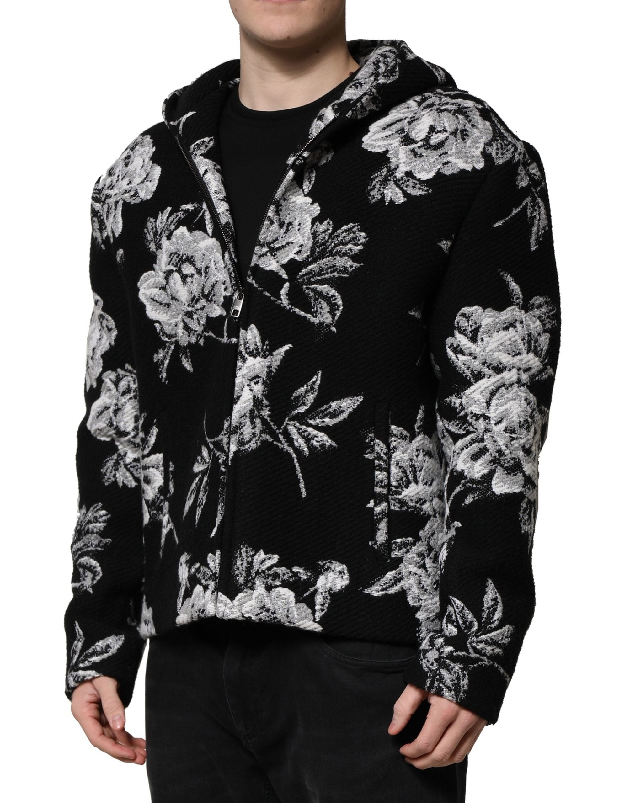Dolce & Gabbana Schwarze Jacke mit Kapuze aus Wolle und Blumenmuster für Männer