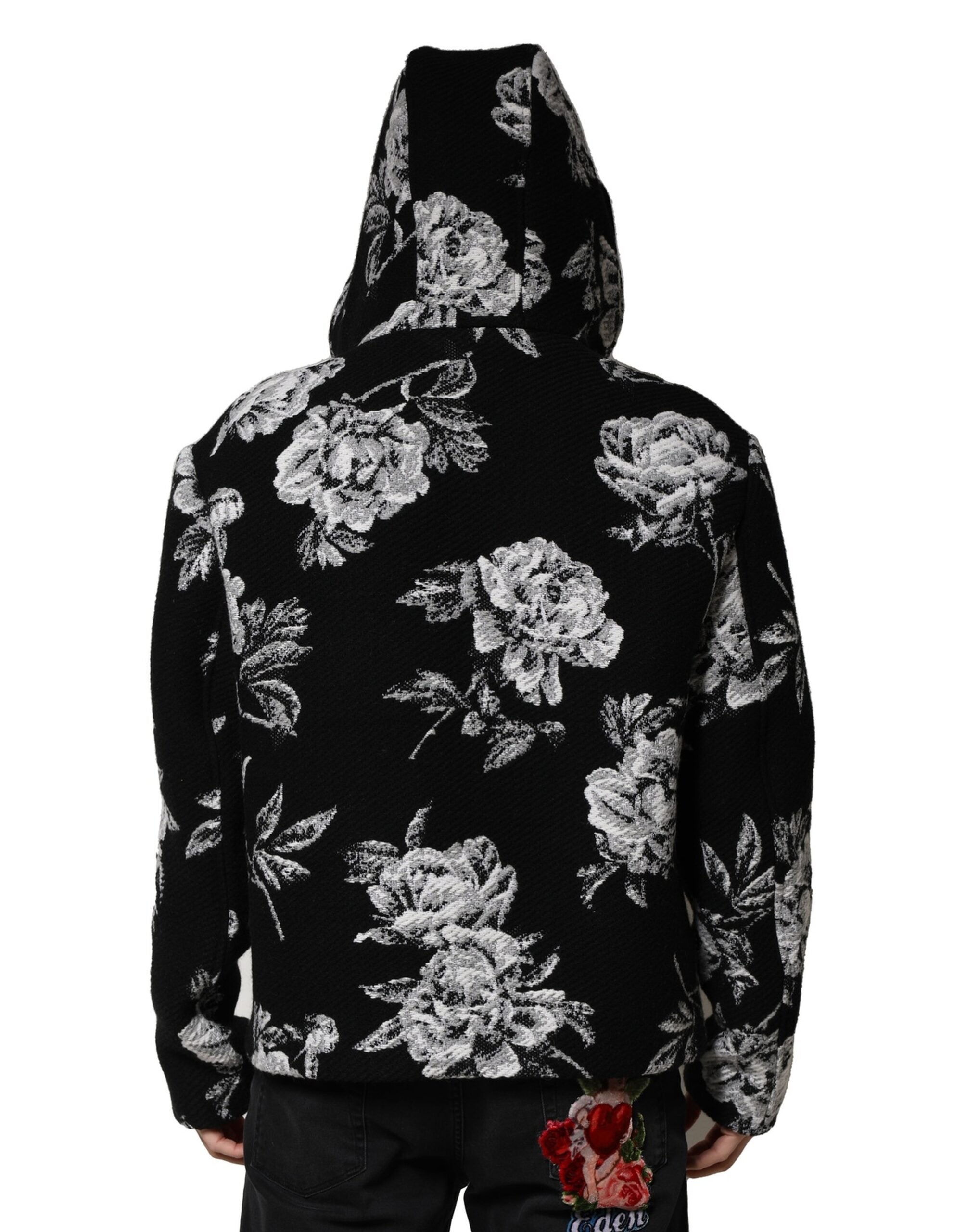Dolce & Gabbana Schwarze Jacke mit Kapuze aus Wolle und Blumenmuster für Männer