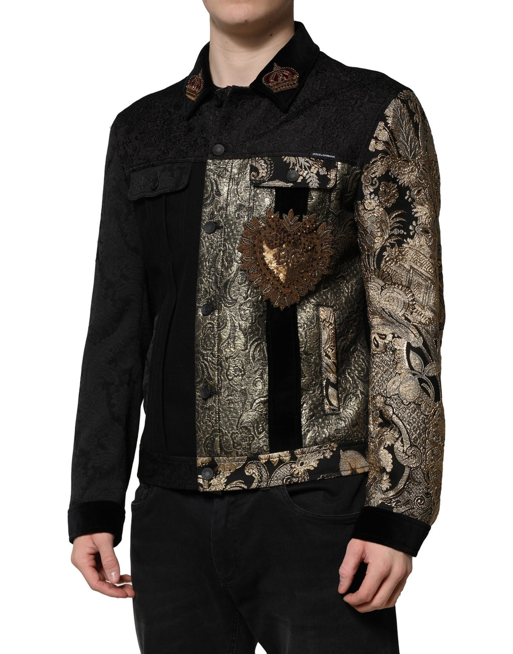 Dolce & Gabbana Schwarz Gold Floral Jacquard Männer Biker Jacke