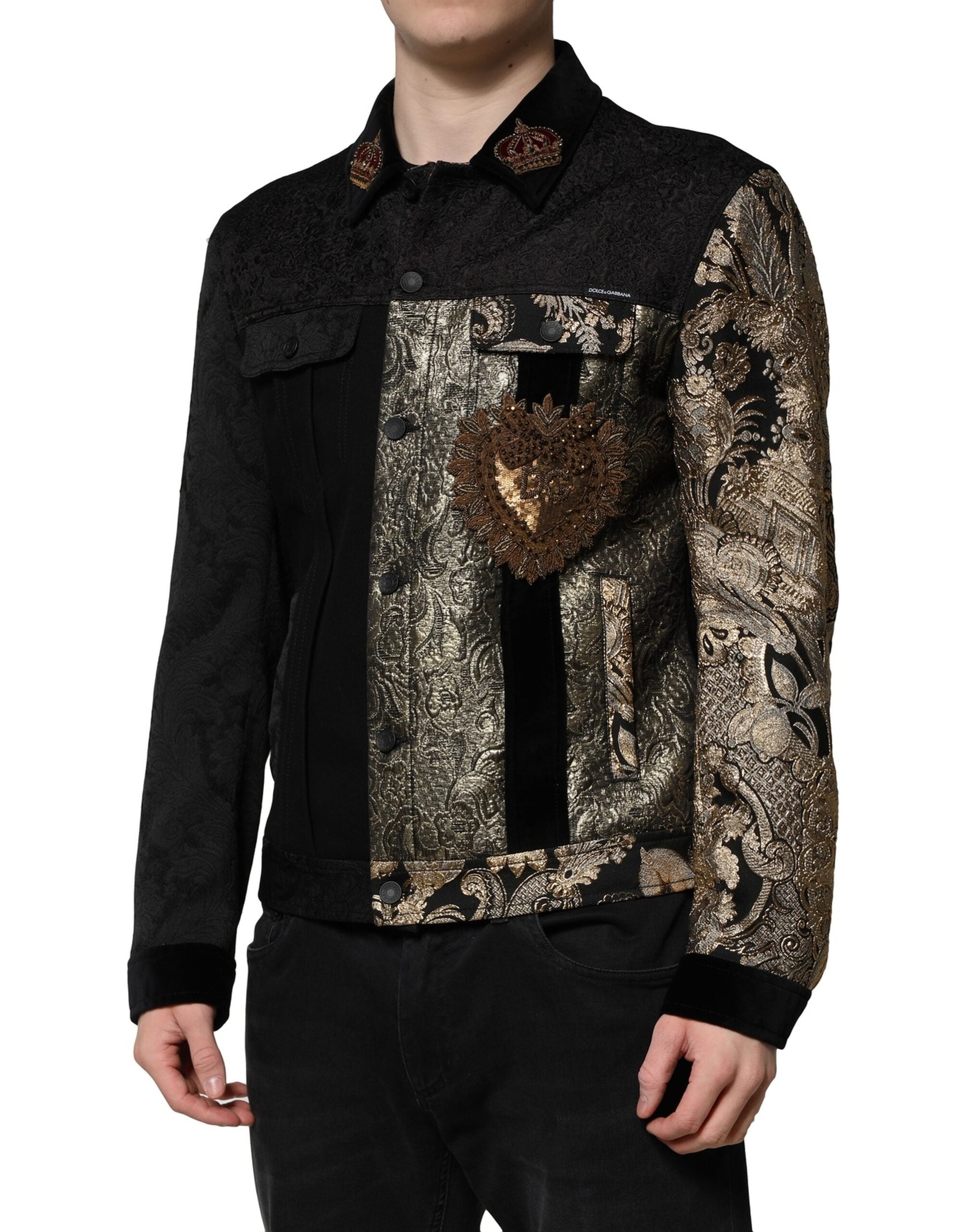 Dolce & Gabbana Schwarz Gold Floral Jacquard Männer Biker Jacke