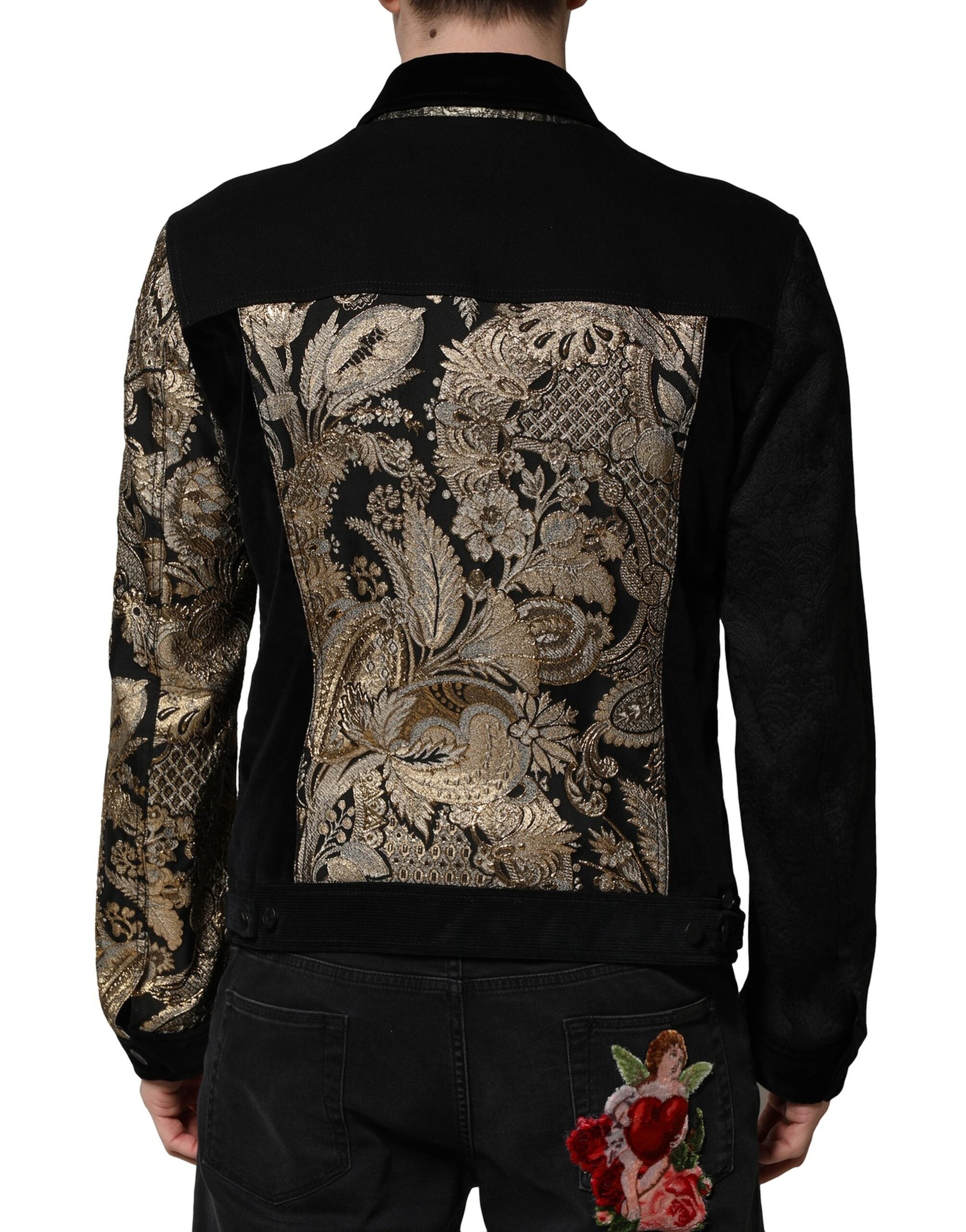 Dolce & Gabbana Schwarz Gold Floral Jacquard Männer Biker Jacke