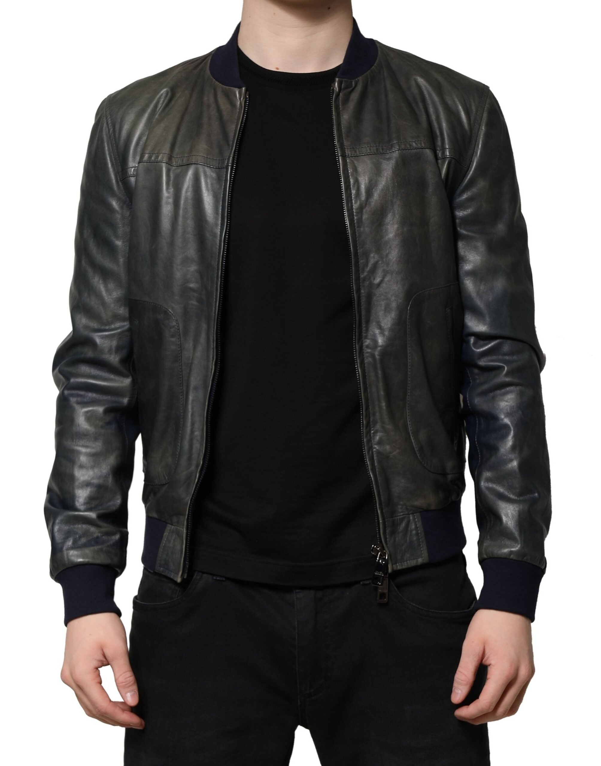 Dolce & Gabbana Schwarze Lammfell Leder Biker Jacke mit Reißverschluss