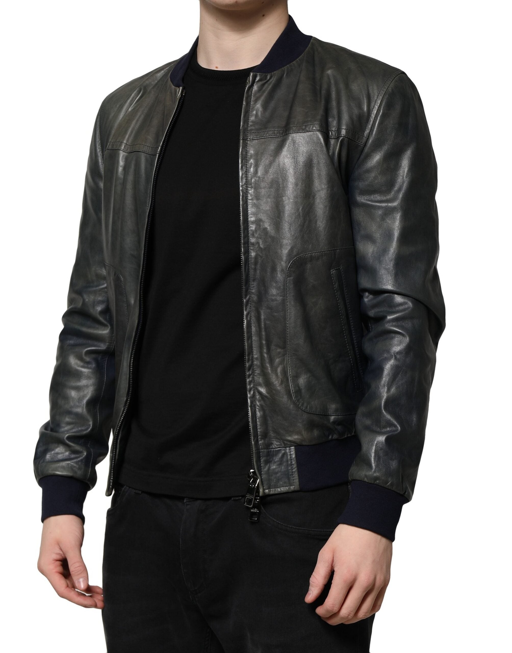 Dolce & Gabbana Schwarze Lammfell Leder Biker Jacke mit Reißverschluss