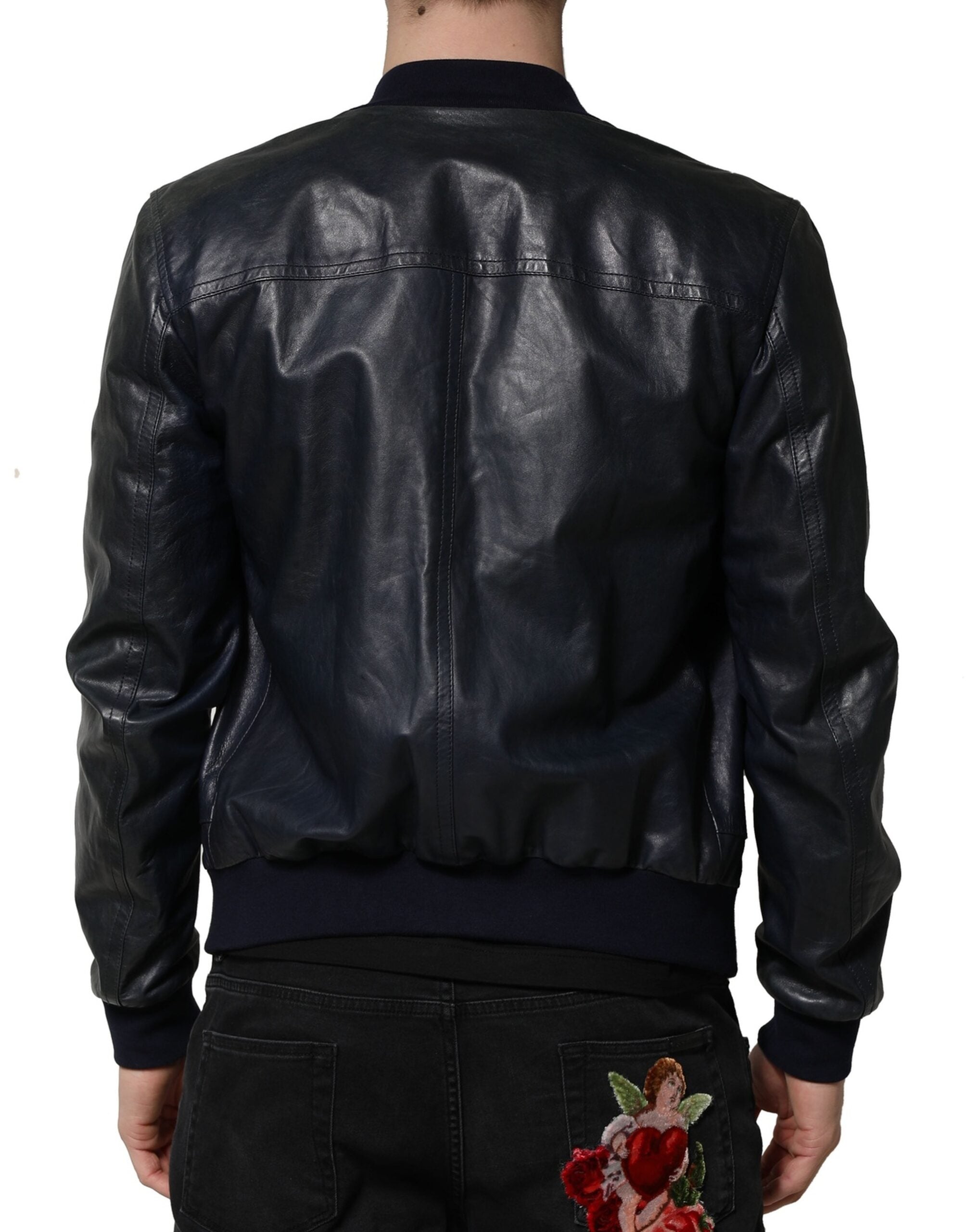 Dolce & Gabbana Schwarze Lammfell Leder Biker Jacke mit Reißverschluss