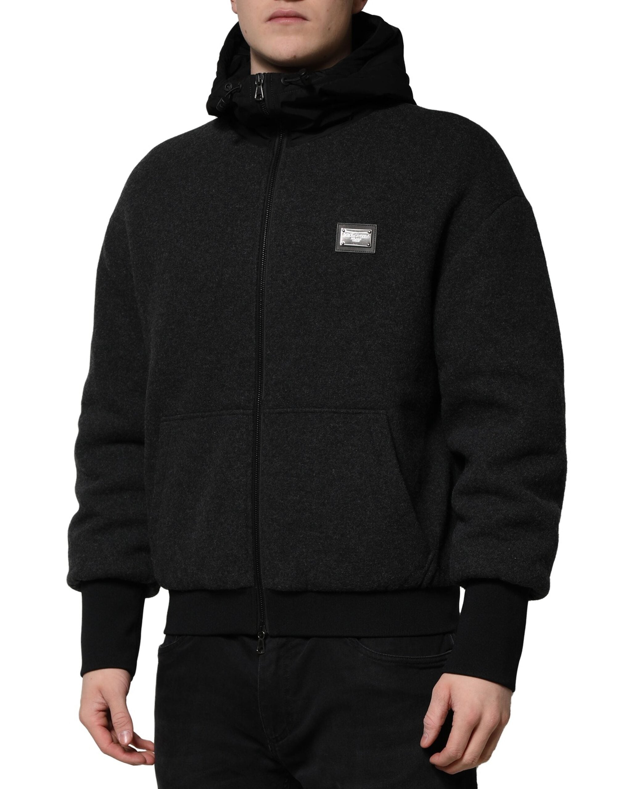 Dolce & Gabbana Schwarze DG Logo Plaque Bomberjacke mit Kapuze