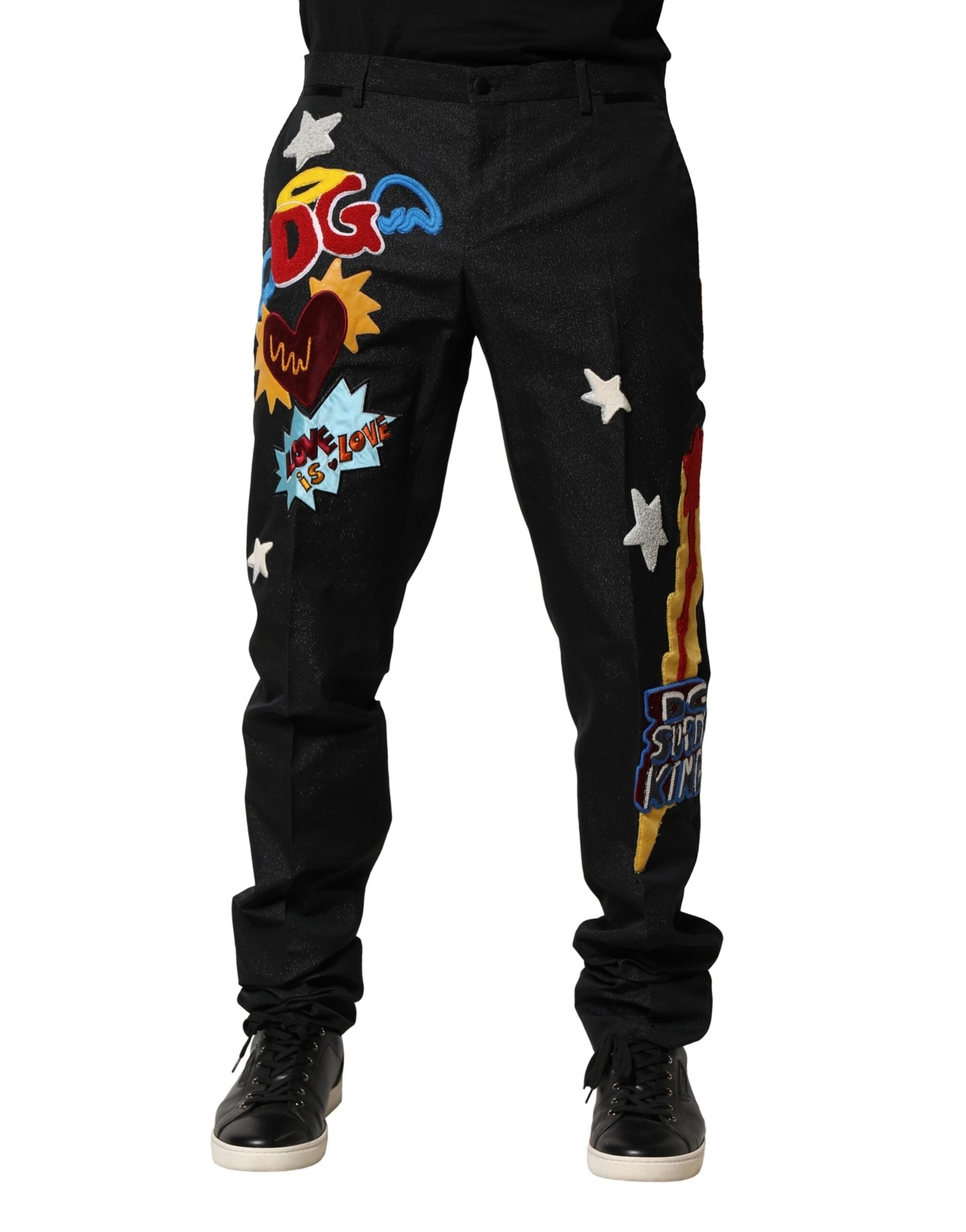 Dolce & Gabbana Schwarze Grafik-Stickerei Männer Hosen