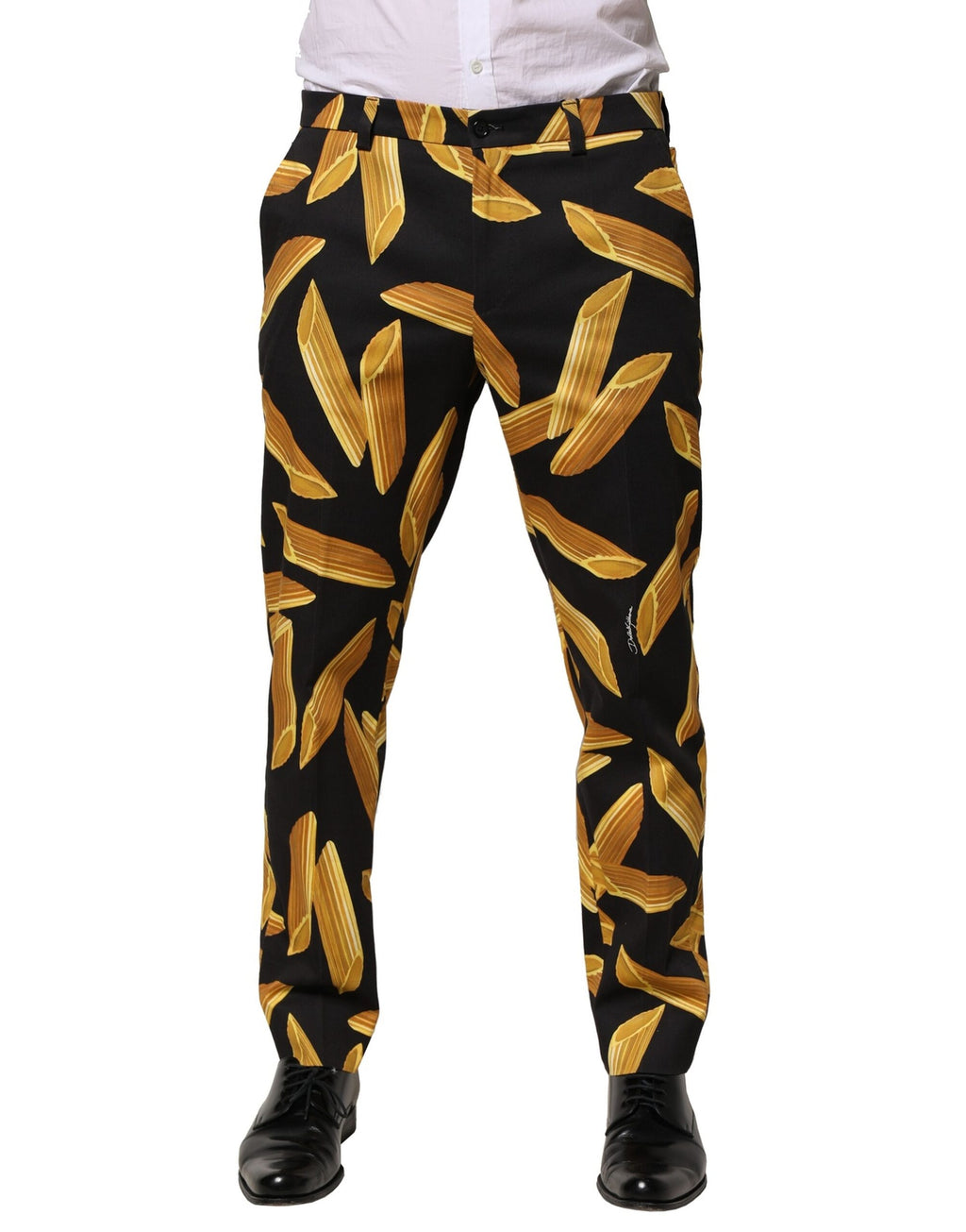 Dolce & Gabbana Schwarze Herrenhose mit schmal zulaufendem Bein und Nudel-Print