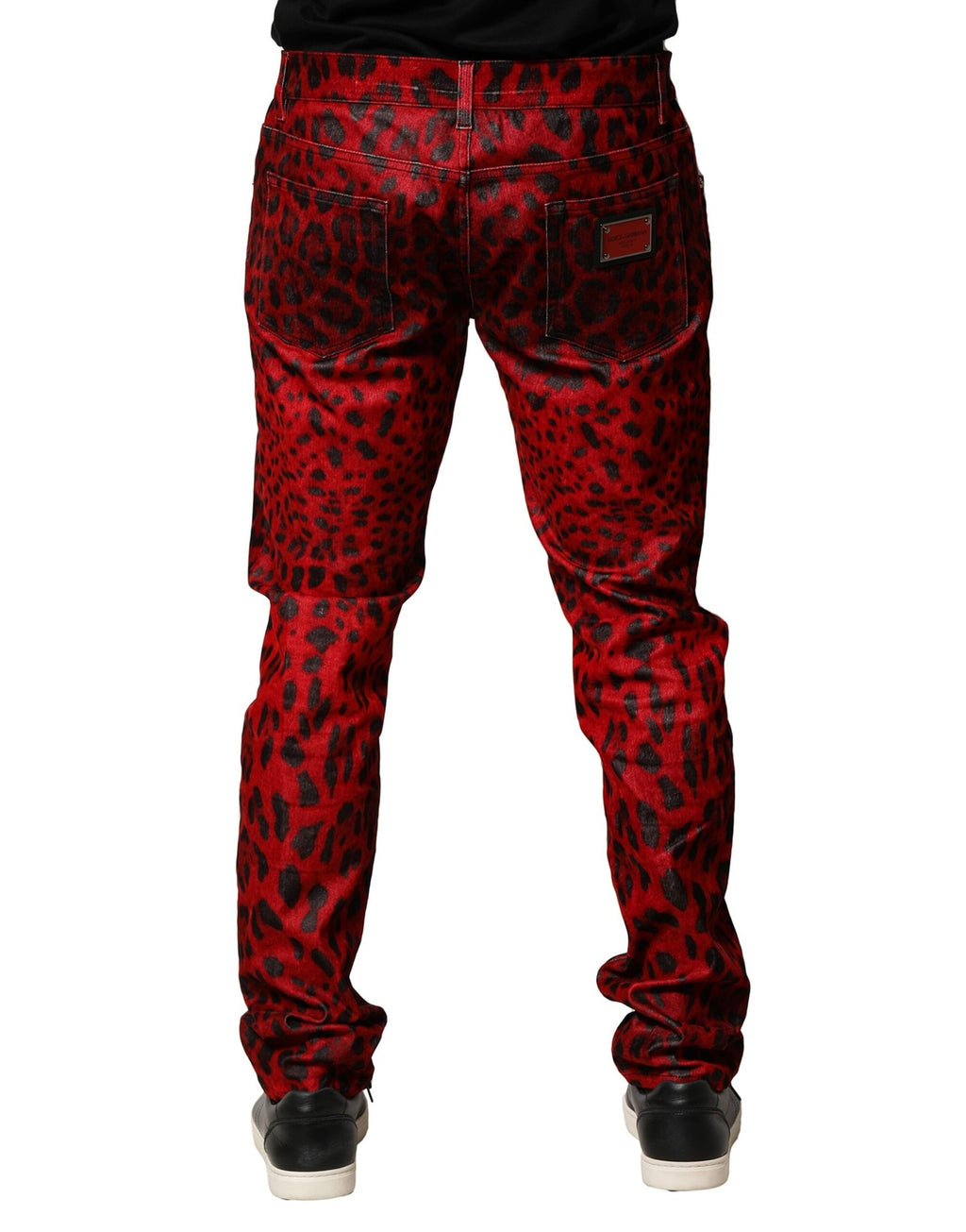 Dolce & Gabbana Rote Skinny Denim Jeans mit Leopardenmuster aus Baumwolle